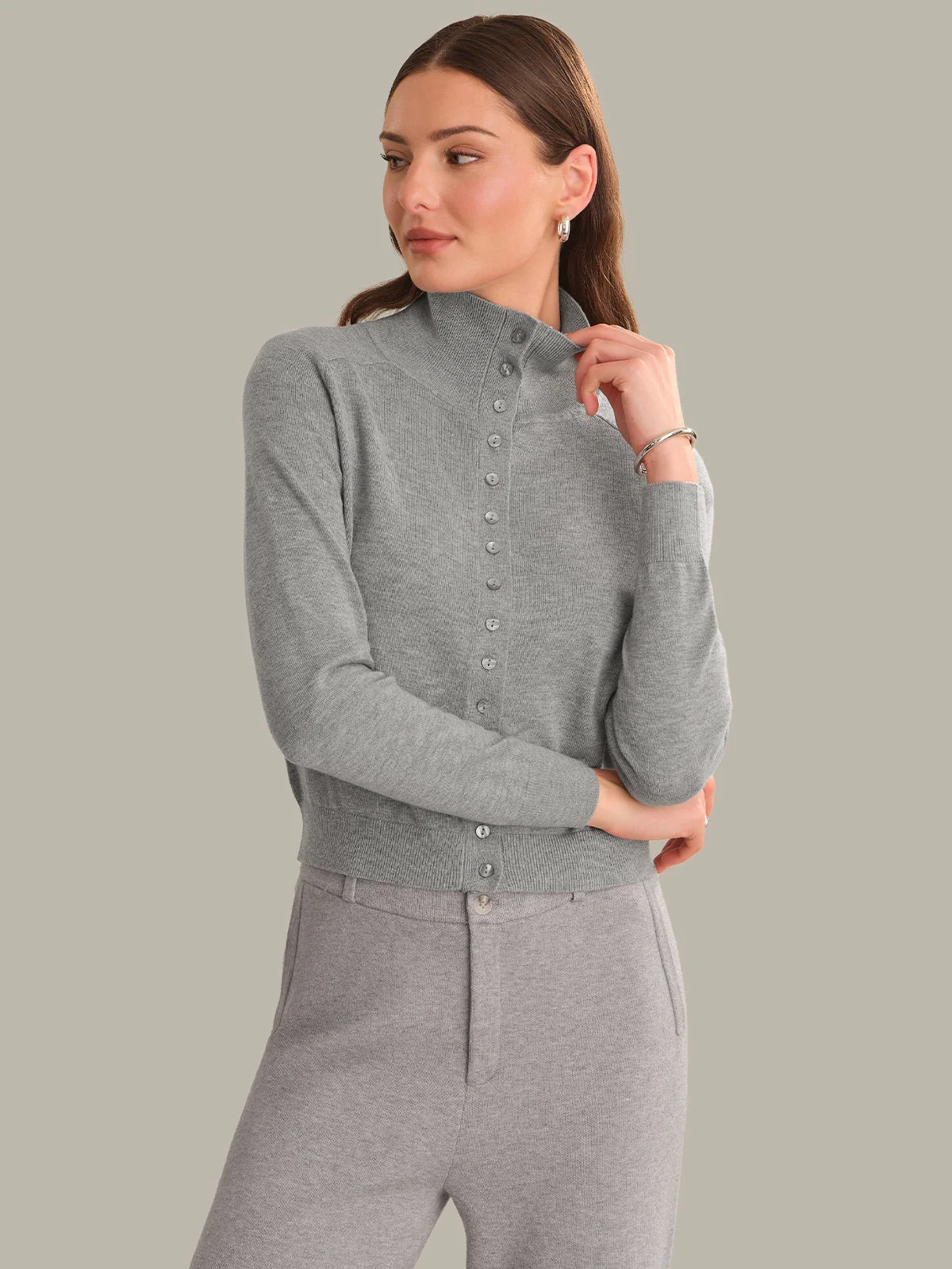 Edith Saddle Shoulder Mock Neck Cardigan - 1