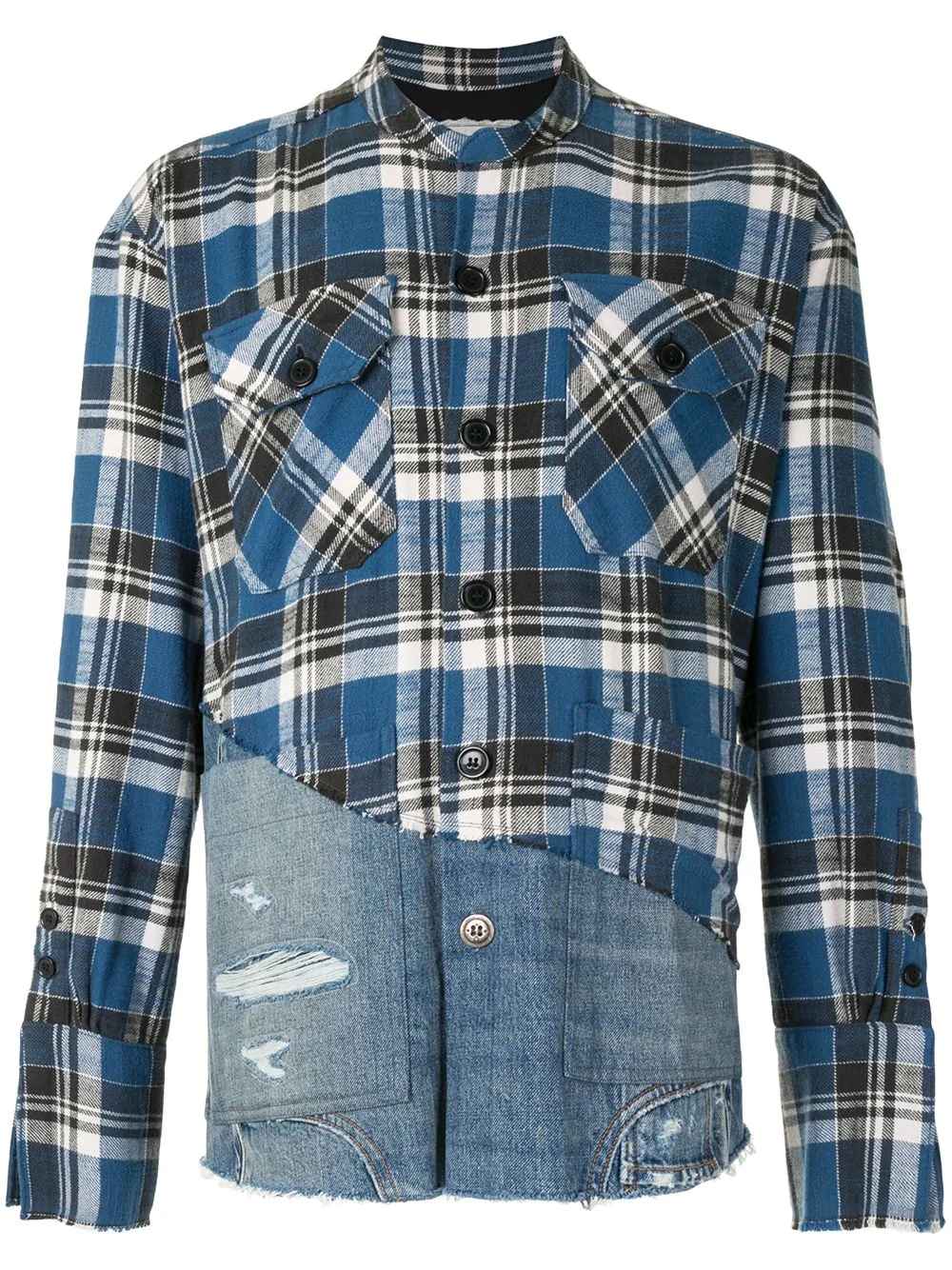 denim-panelled plaid shirt - 1