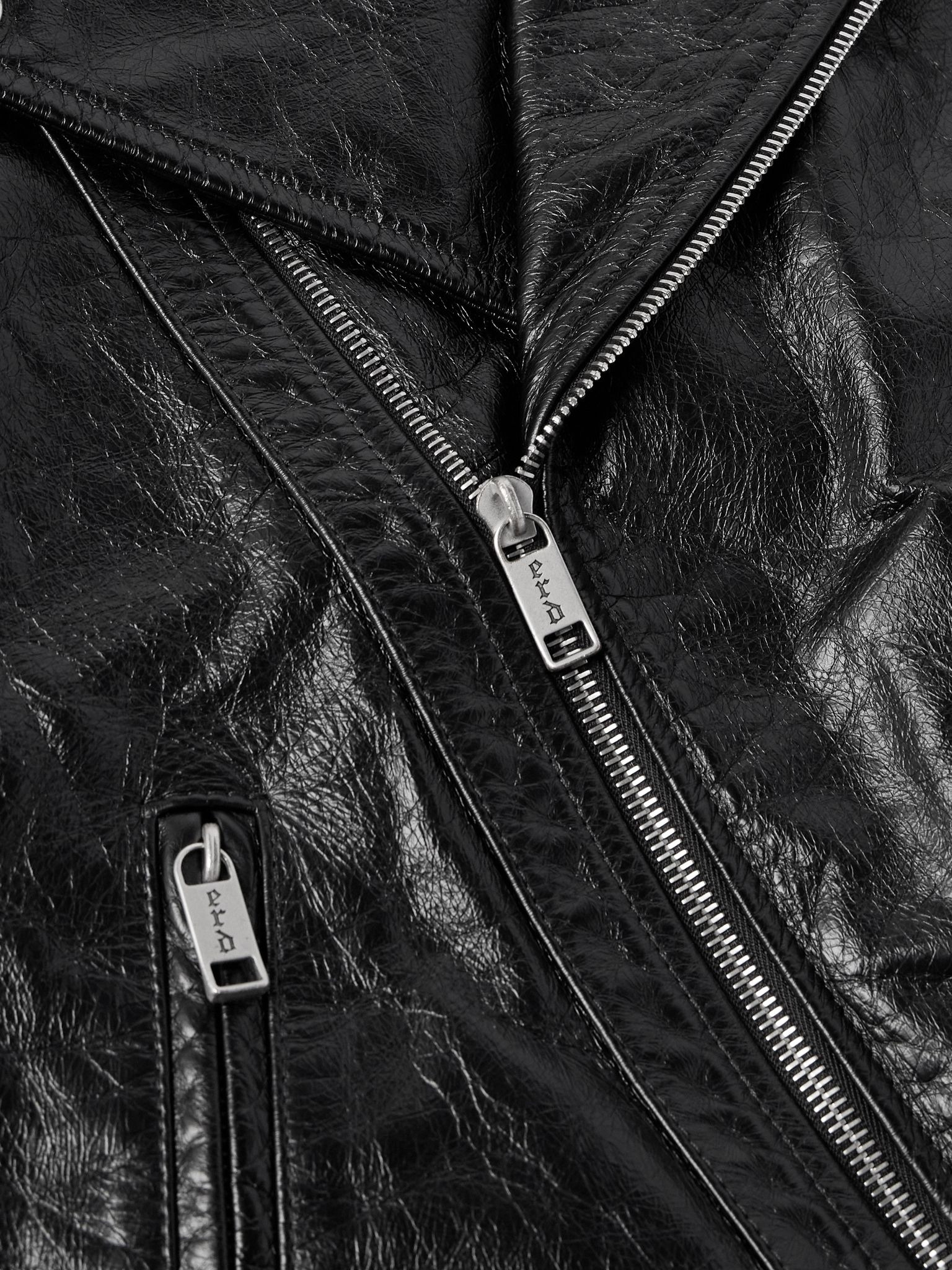 Distressed Leather Biker Jacket Black - 5