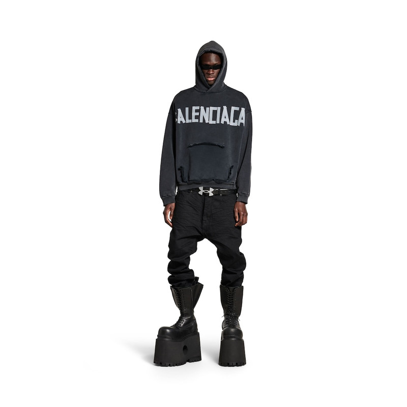 BALENCIAGA Men's Tape Type Ripped Pocket Hoodie in Black Faded outlook