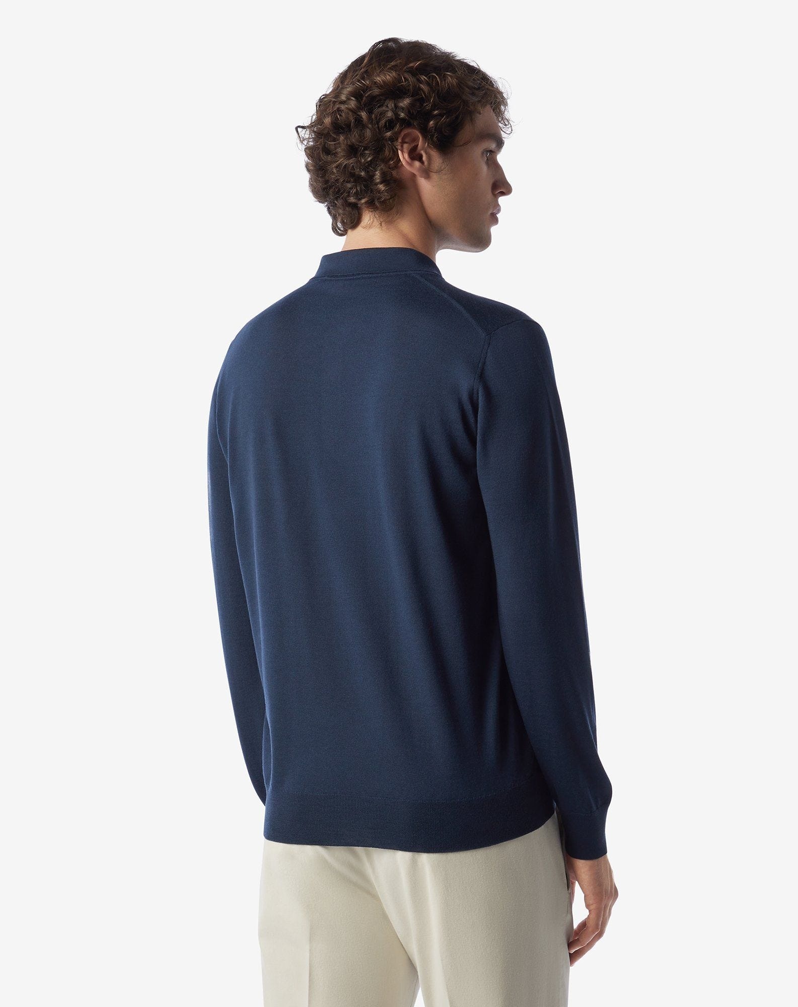Blue 120's extra-fine wool button-up polo - 4