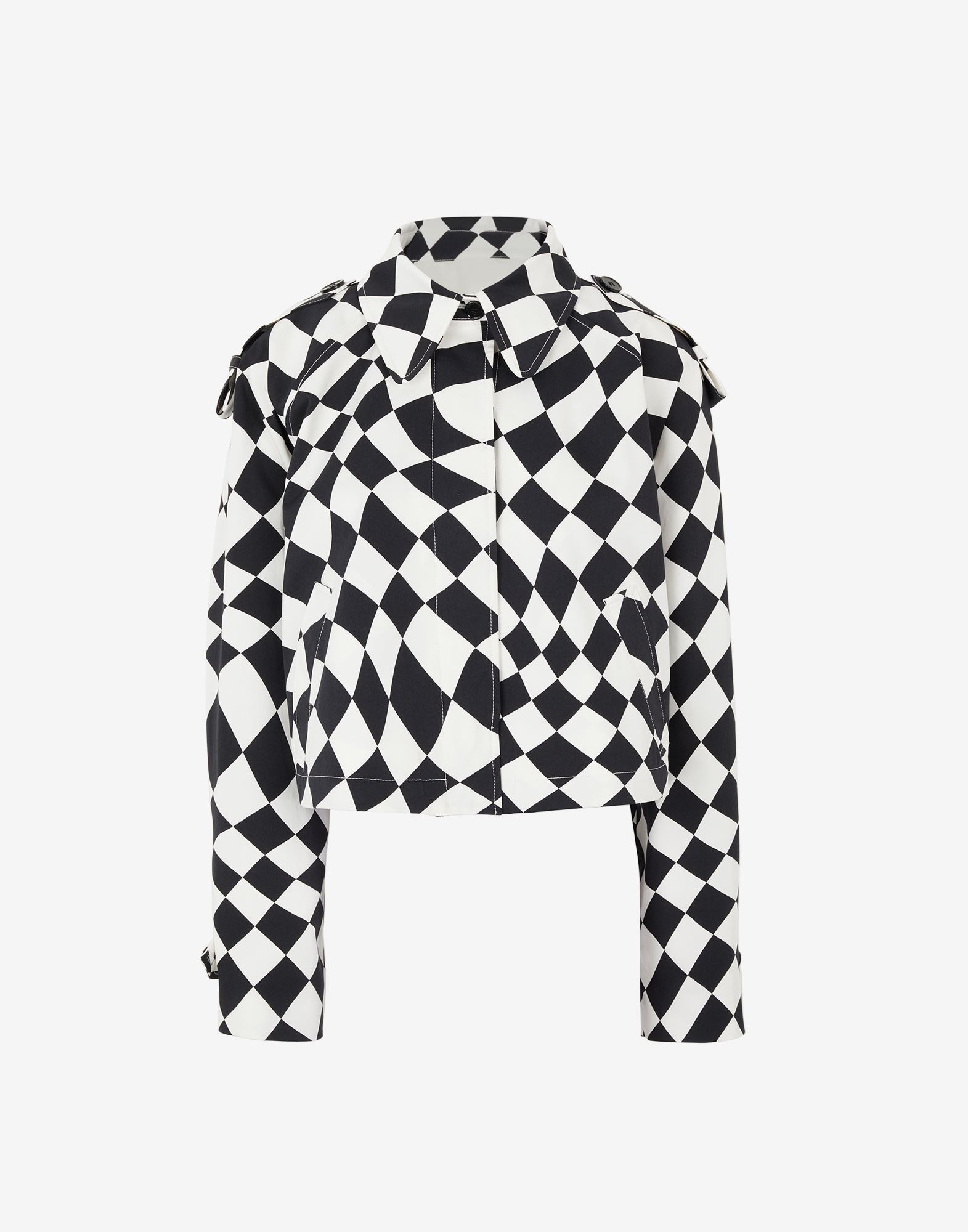 Distorted chess print crop trench coat - 1