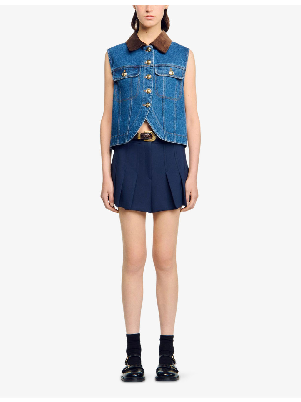 Contrast-Collar Button-Down Sleeveless Denim Jacket - 2