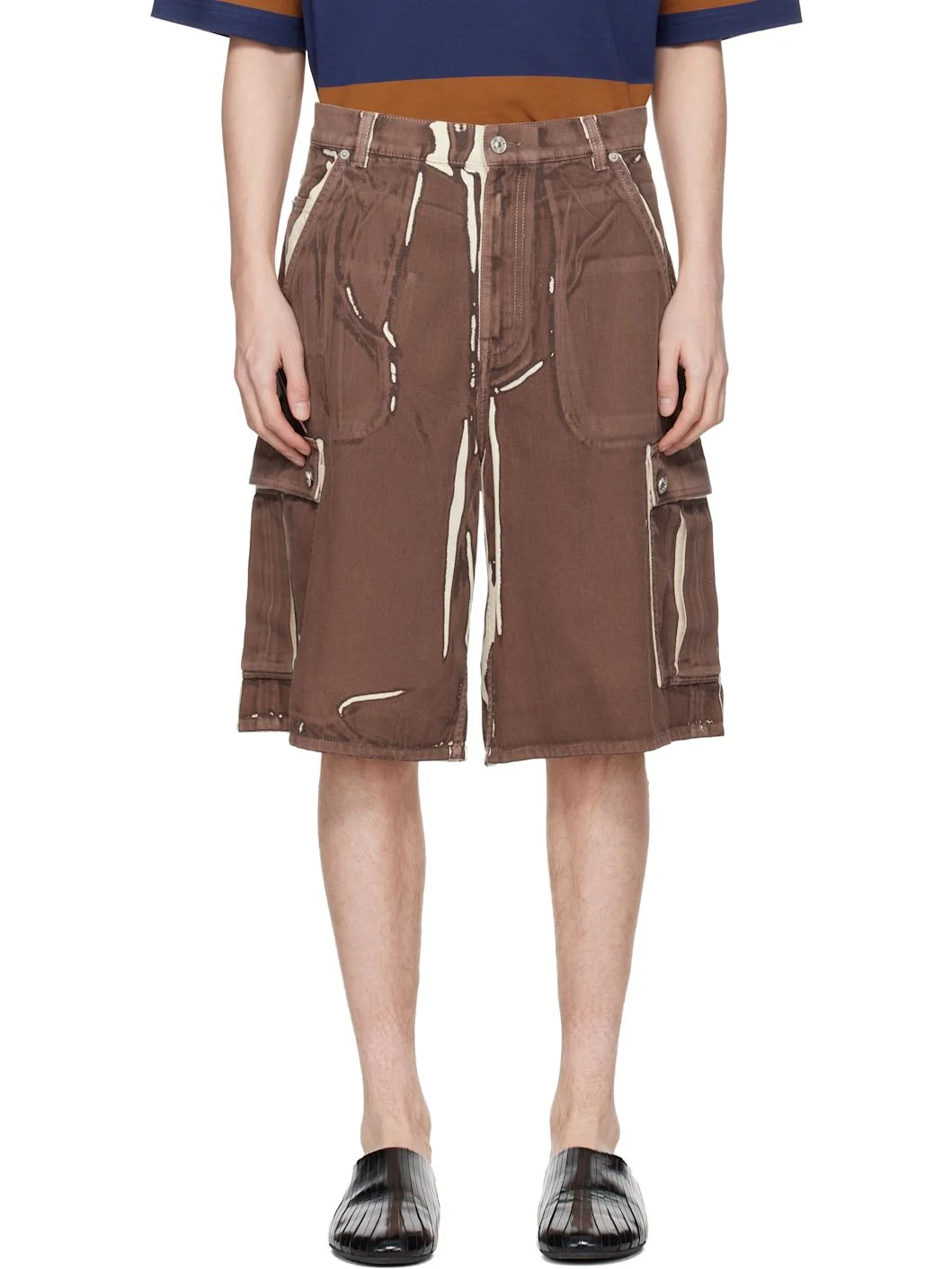 Brown Screen-Printed Denim Cargo Shorts - 1