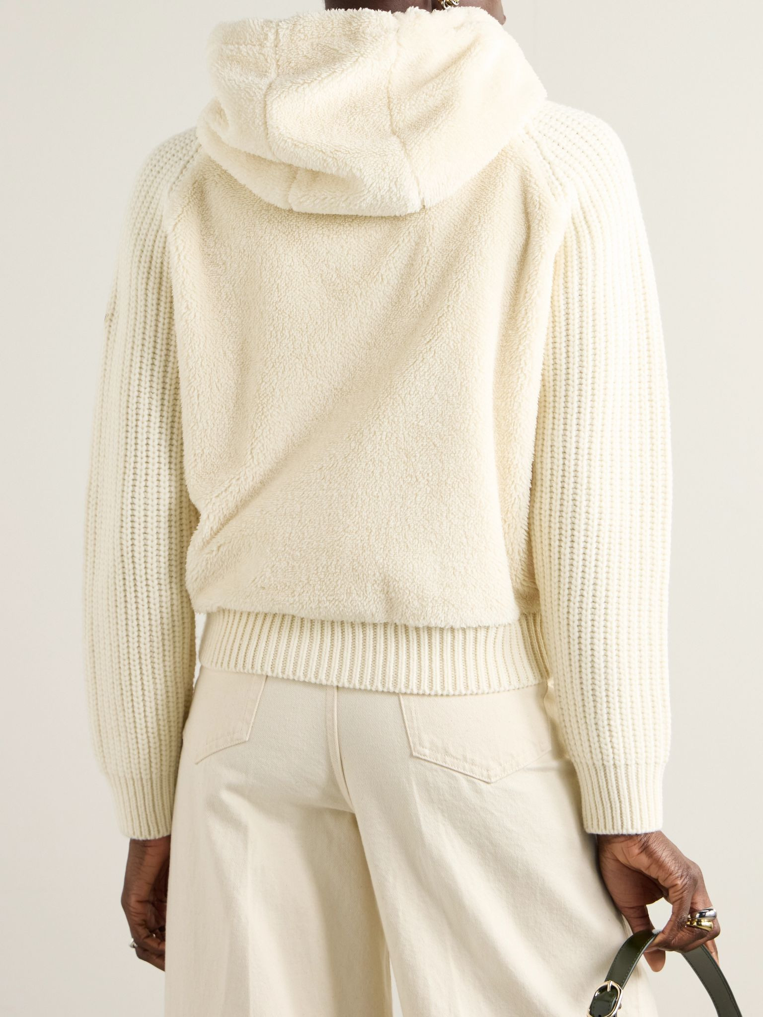 Hooded fleece and ribbed wool jacket Cream - 3
