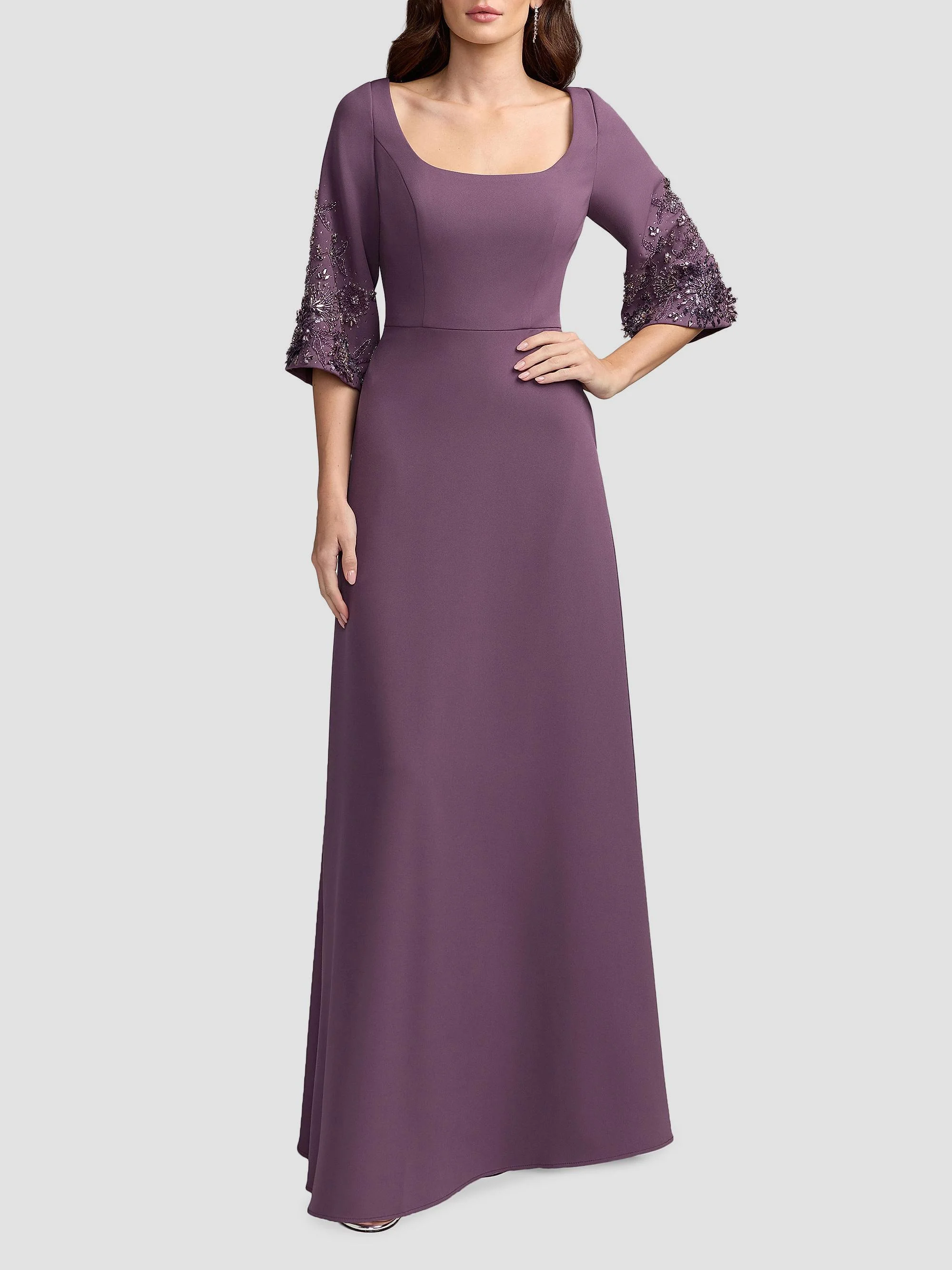 Women's Evening Beaded-Sleeve Crepe Gown - Eggplant - 1