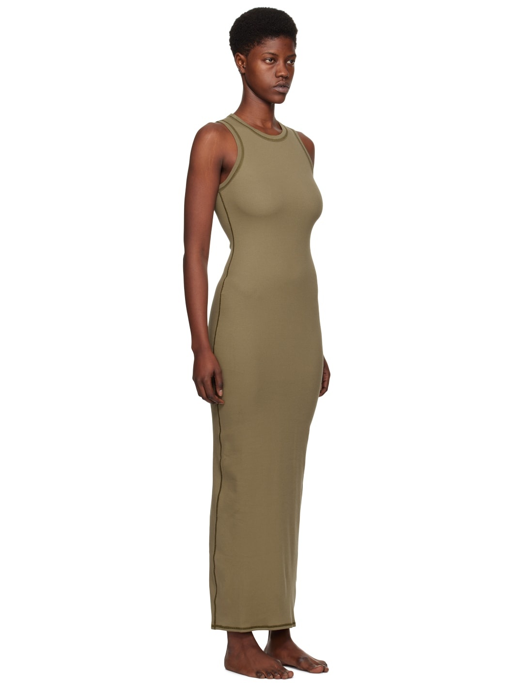 Khaki Cotton Rib Sleeveless Maxi Dress - 2