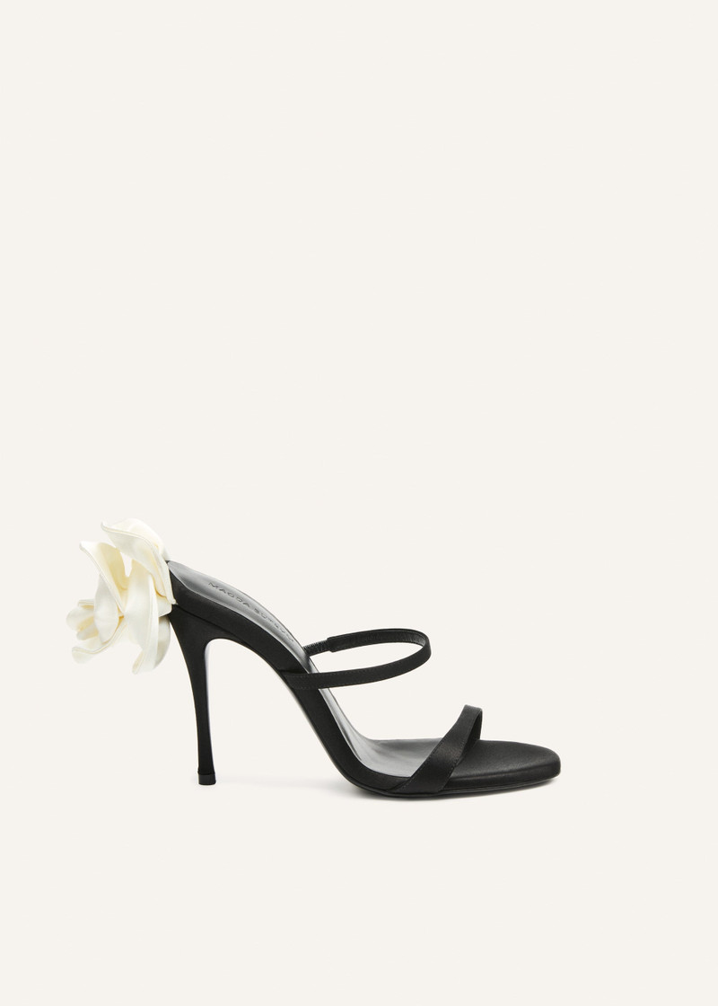 Flower heel leather sandals in black satin - 1