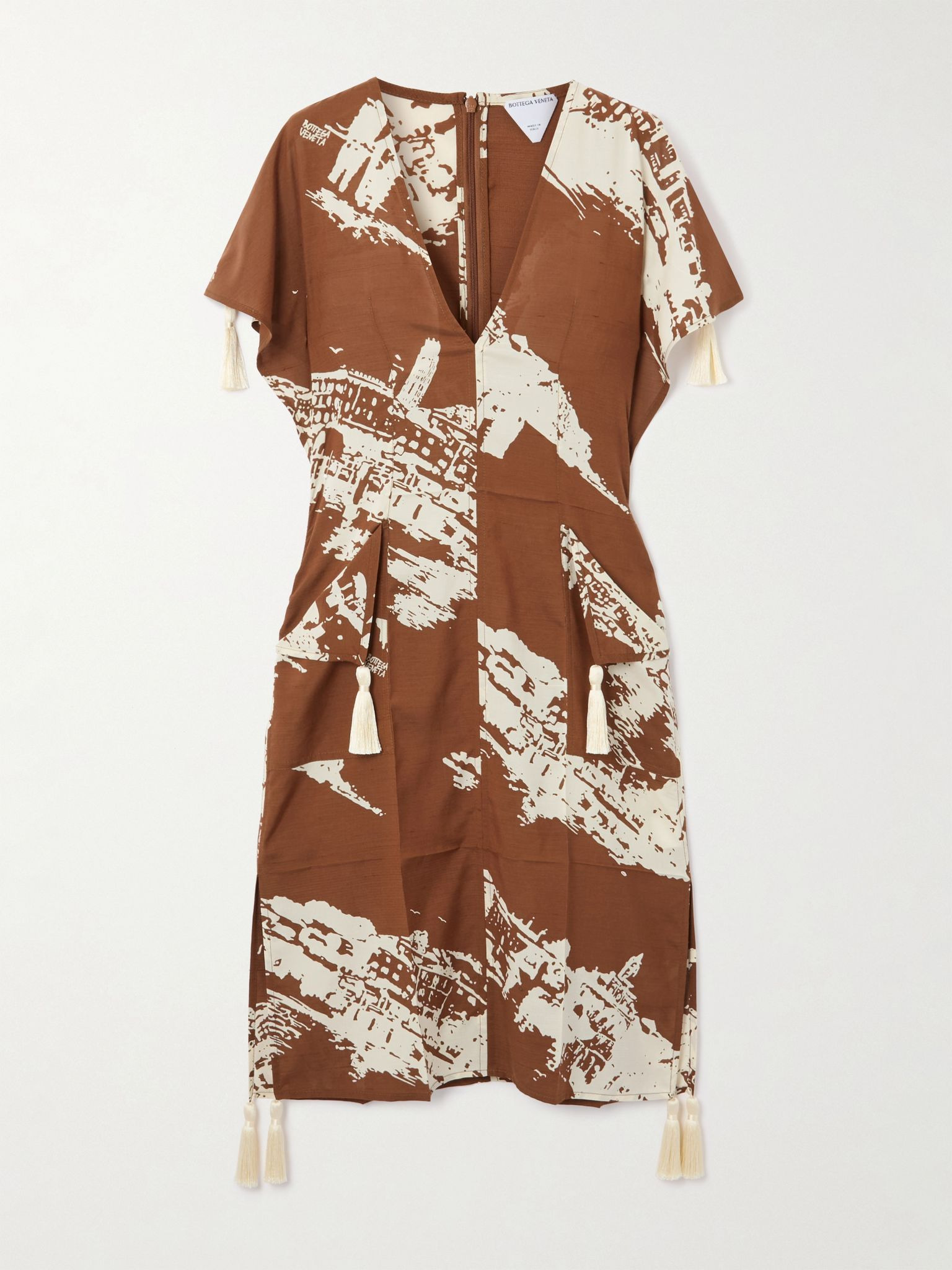 Tasseled printed silk and cotton-blend shantung dress Brown - 1