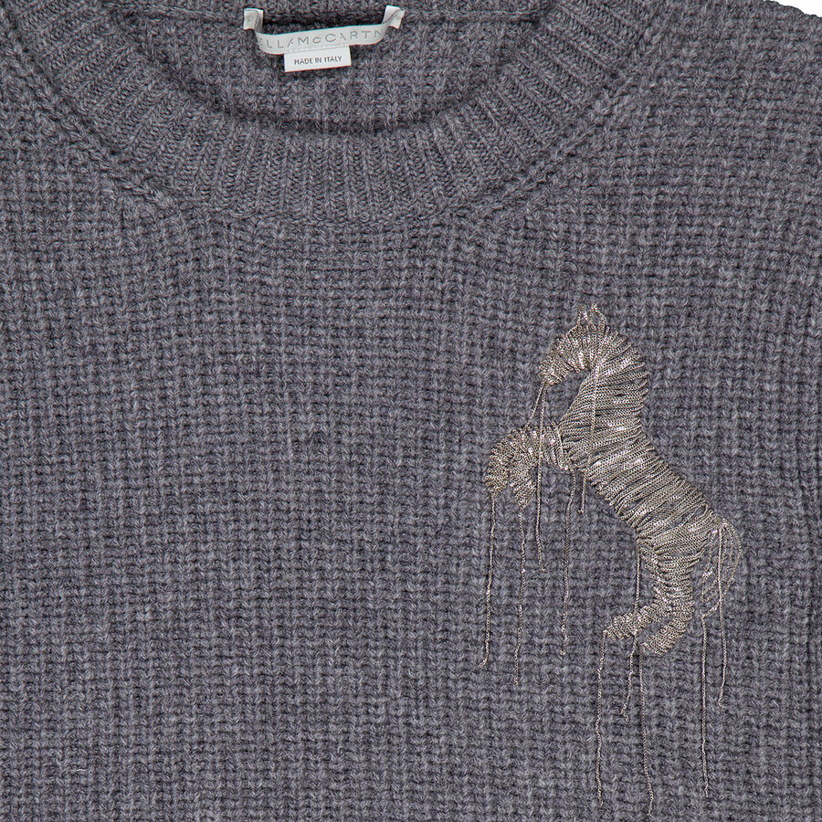 Stella McCartney Grey Wool Cropped Horse Chain Embroidered Jumper - 2