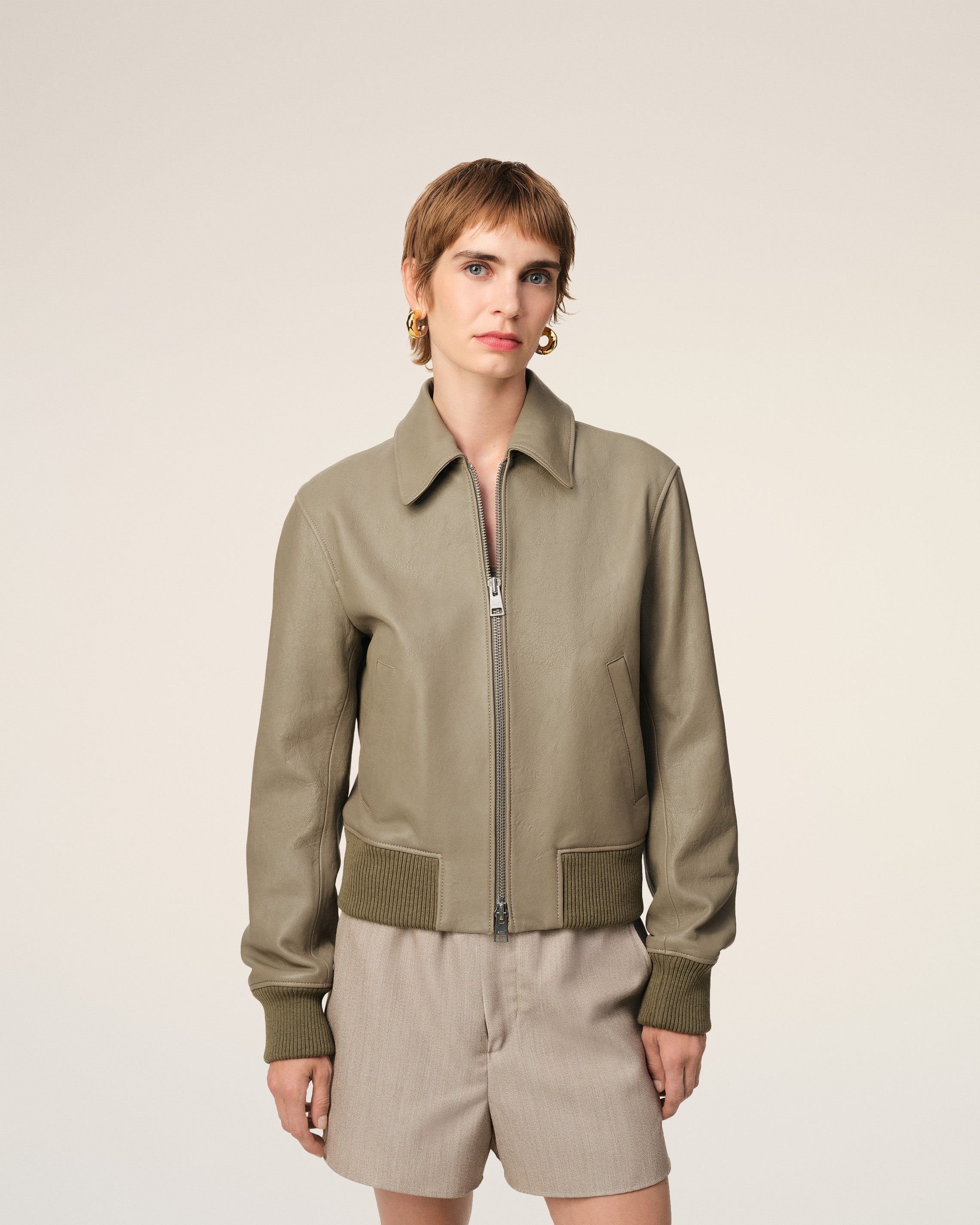 GREEN LEATHER ZIPPED JACKET - 3