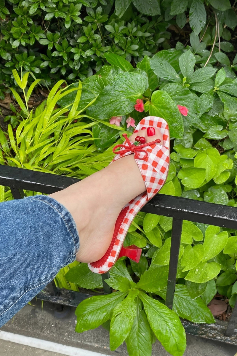 Larroudé Bardot Mule Scarlet Printed Raffia outlook