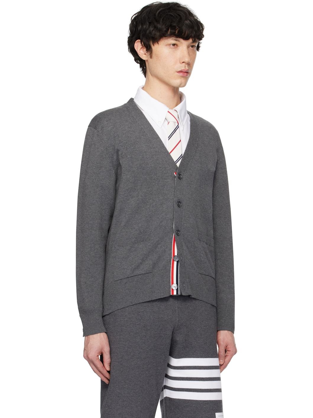 Gray Jersey Stitch Relaxed Fit V Neck Cardigan - 2