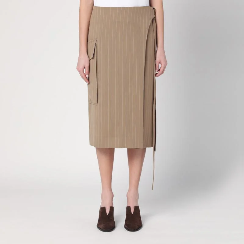 Victoria Beckham Sand-Coloured Pinstriped Wrap Skirt - 1