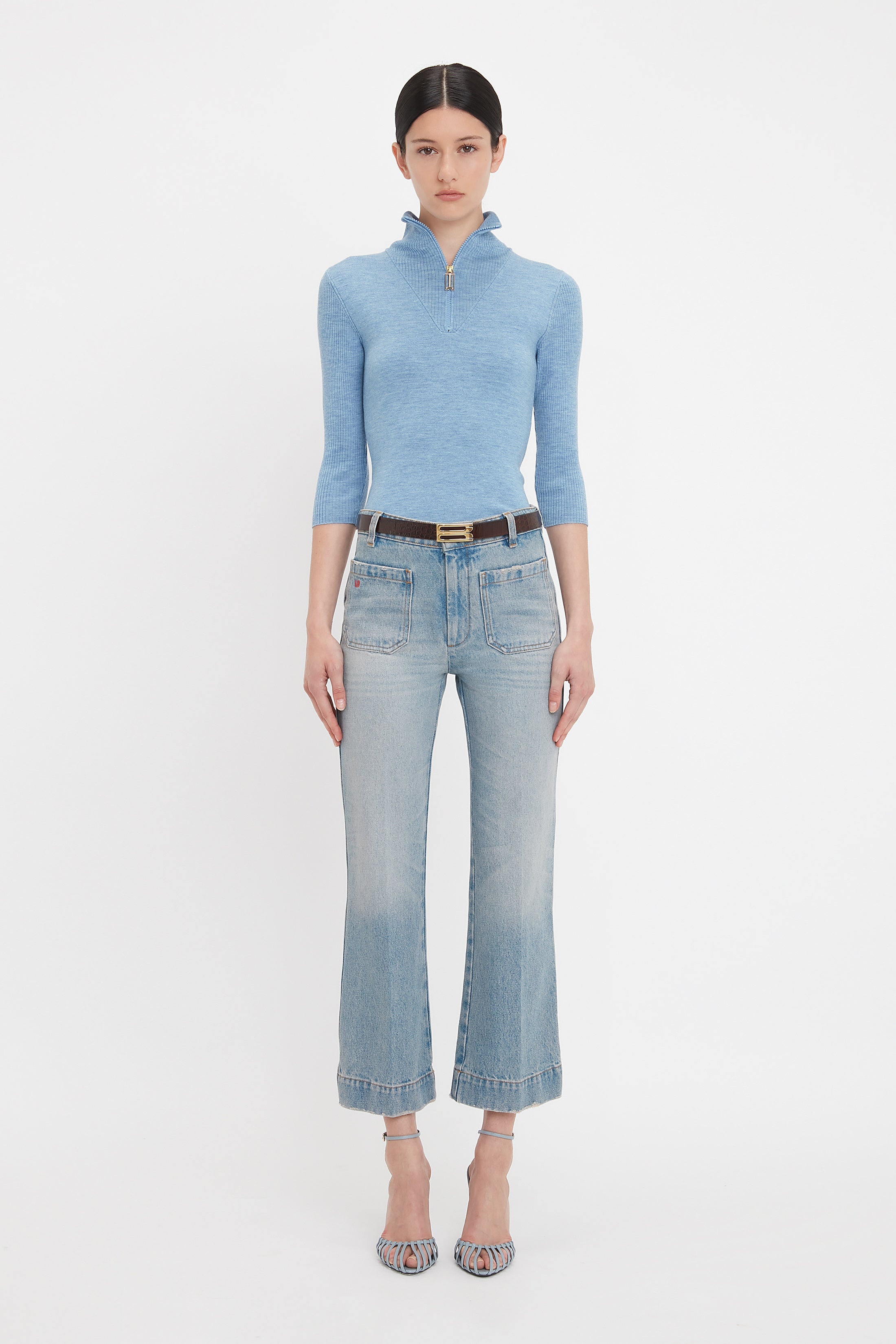 Half Zip Short Sleeve Knitted Top In Bluebell - 2