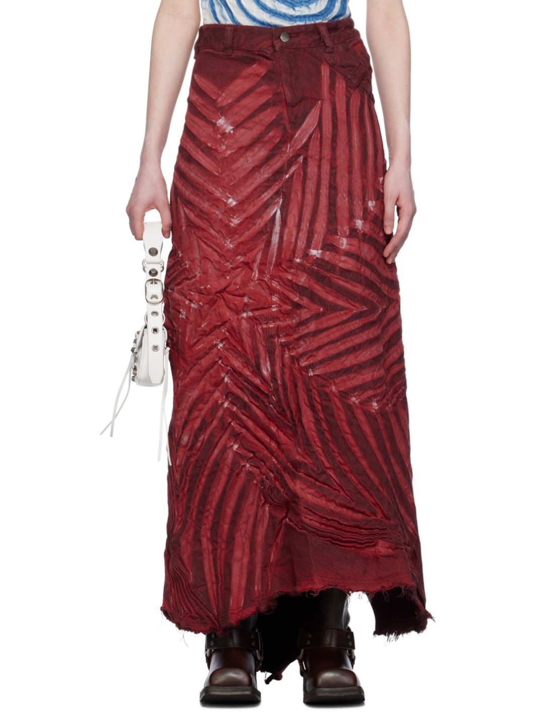 Red Creased Denim Maxi Skirt - 1