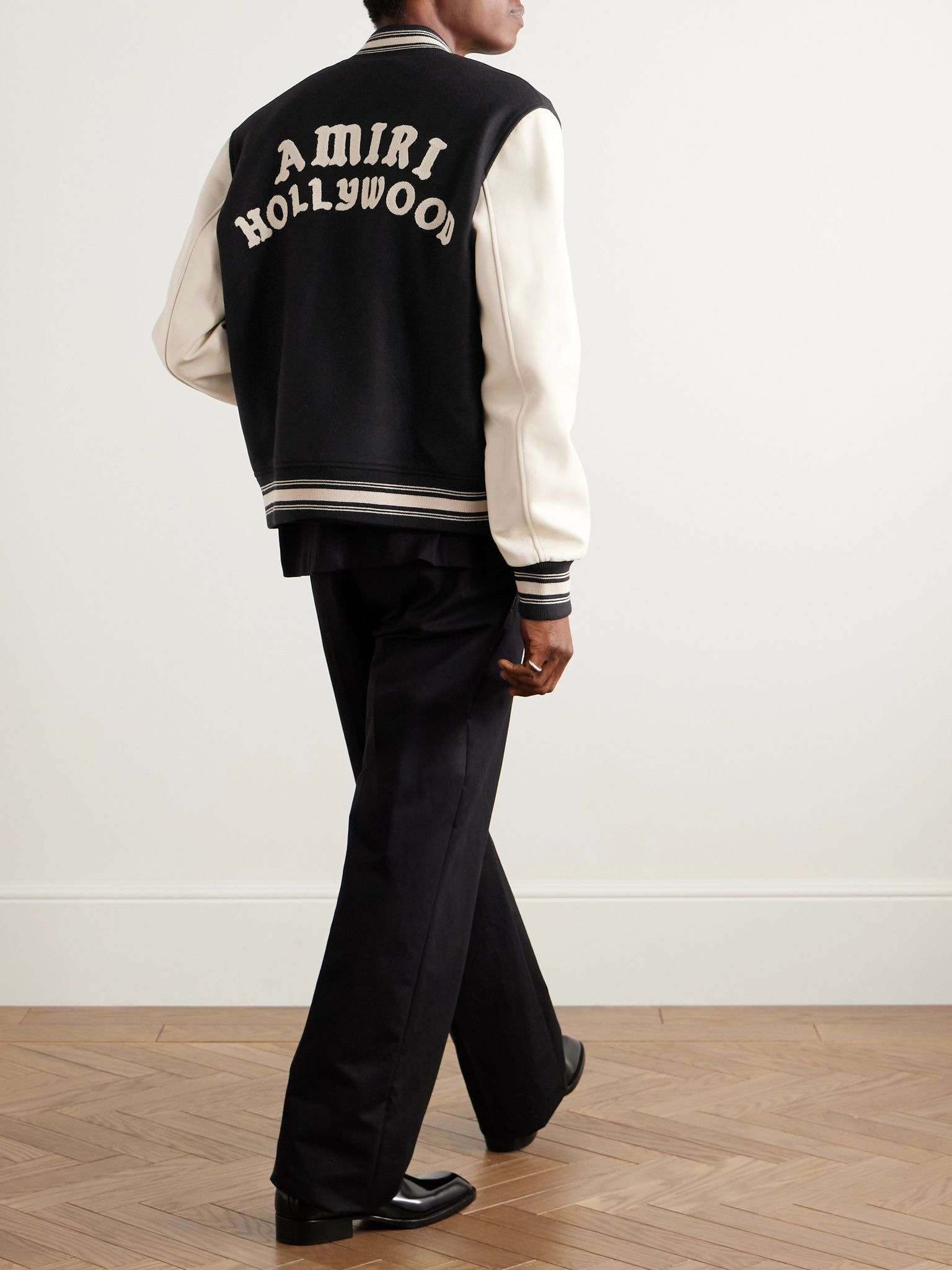 Hollywood Logo-Embroidered Leather and Wool-Blend Flannel Varsity Jacket Black - 2