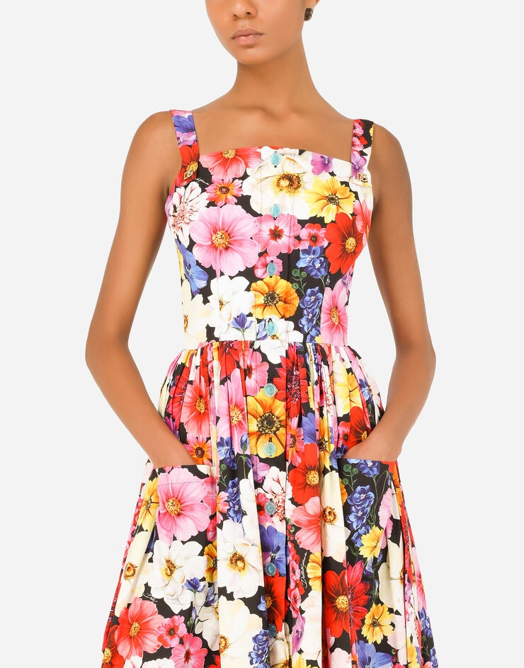 Calf-length poplin dress with garden print - 4