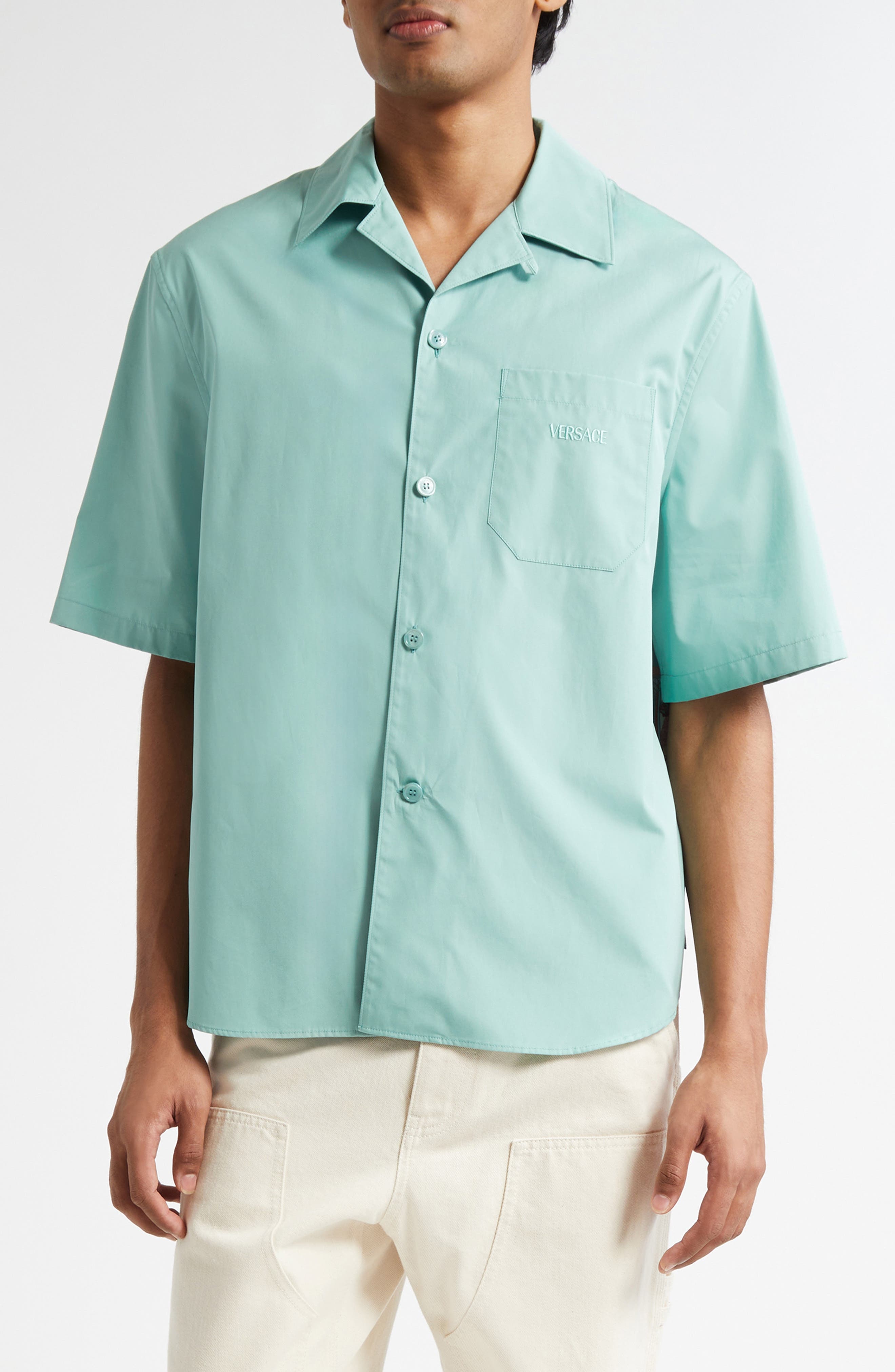 Versace Coral Theater Cotton Poplin & Silk Camp Shirt in Sea Green Dark Sea Green at Nordstrom - 1