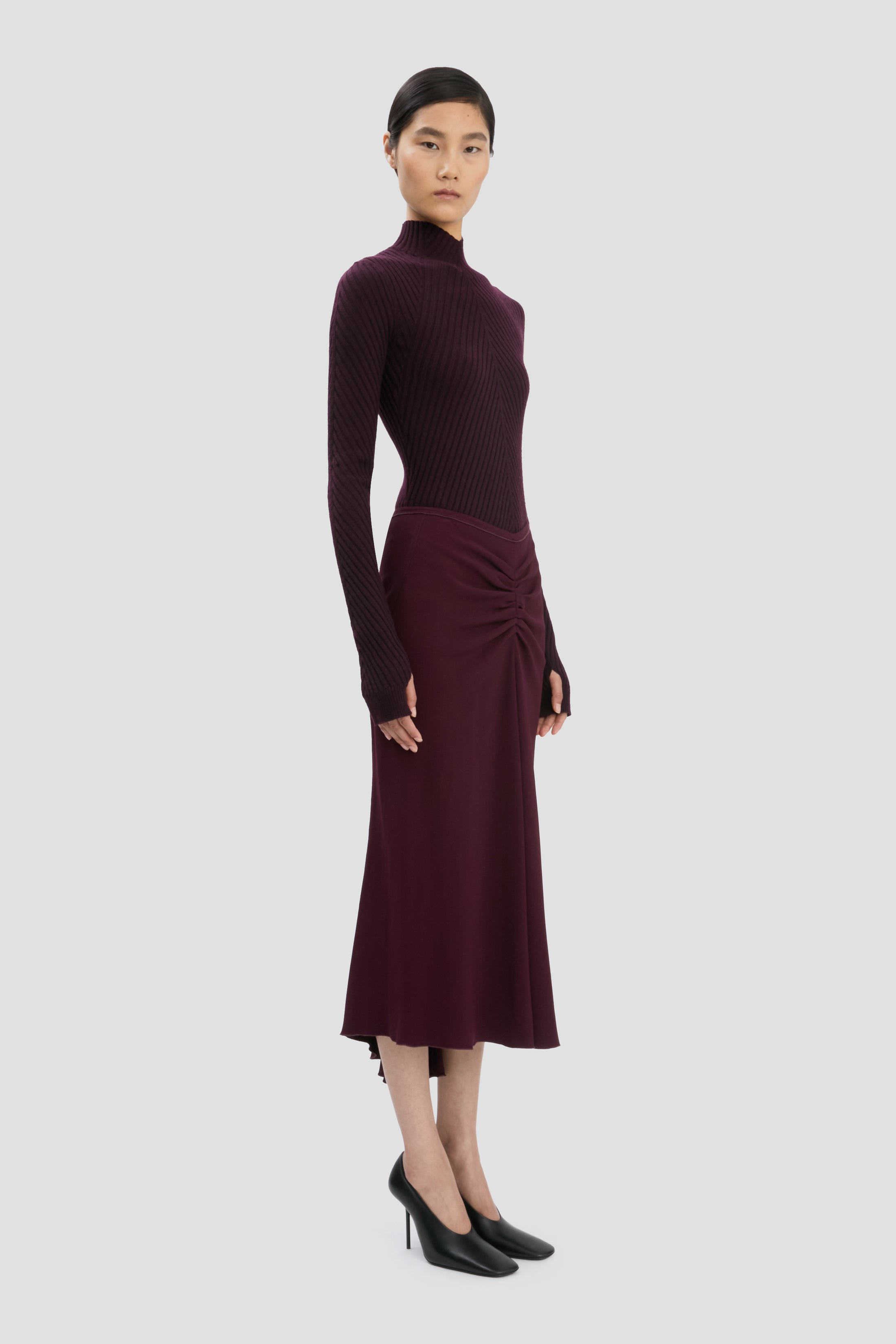 Gathered Waist Midi Skirt In Merlot - 7