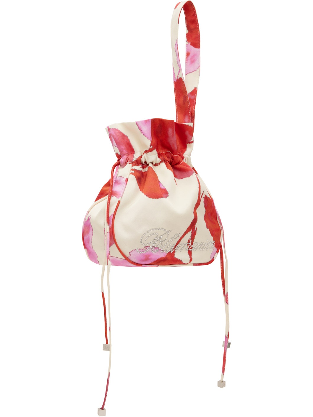 Beige & Red Printed Satin Rhinestone Logo Pouch - 2