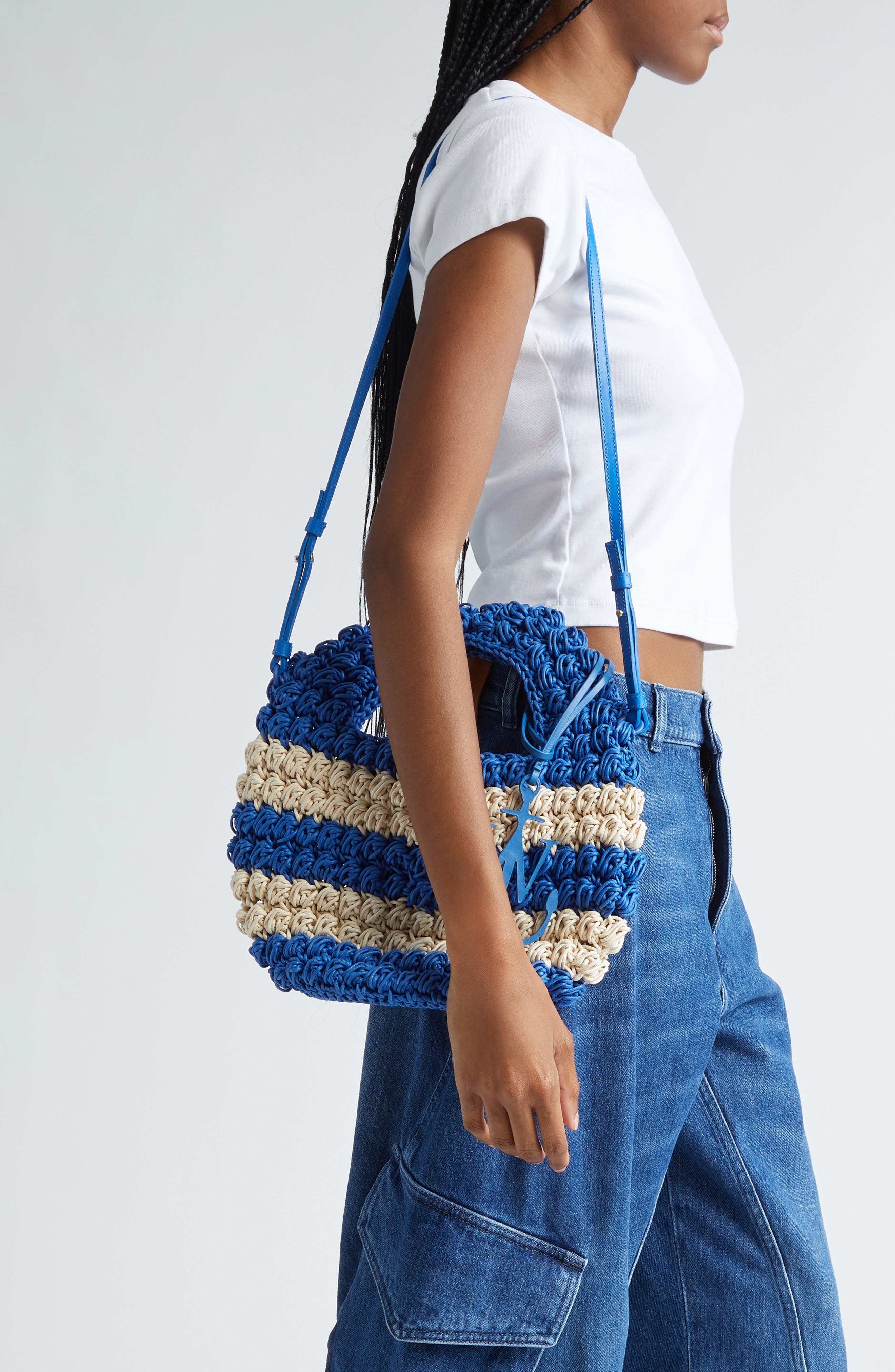 JW Anderson Popcorn Crocheted Cotton Basket Bag in Blue/Off White at Nordstrom - 2