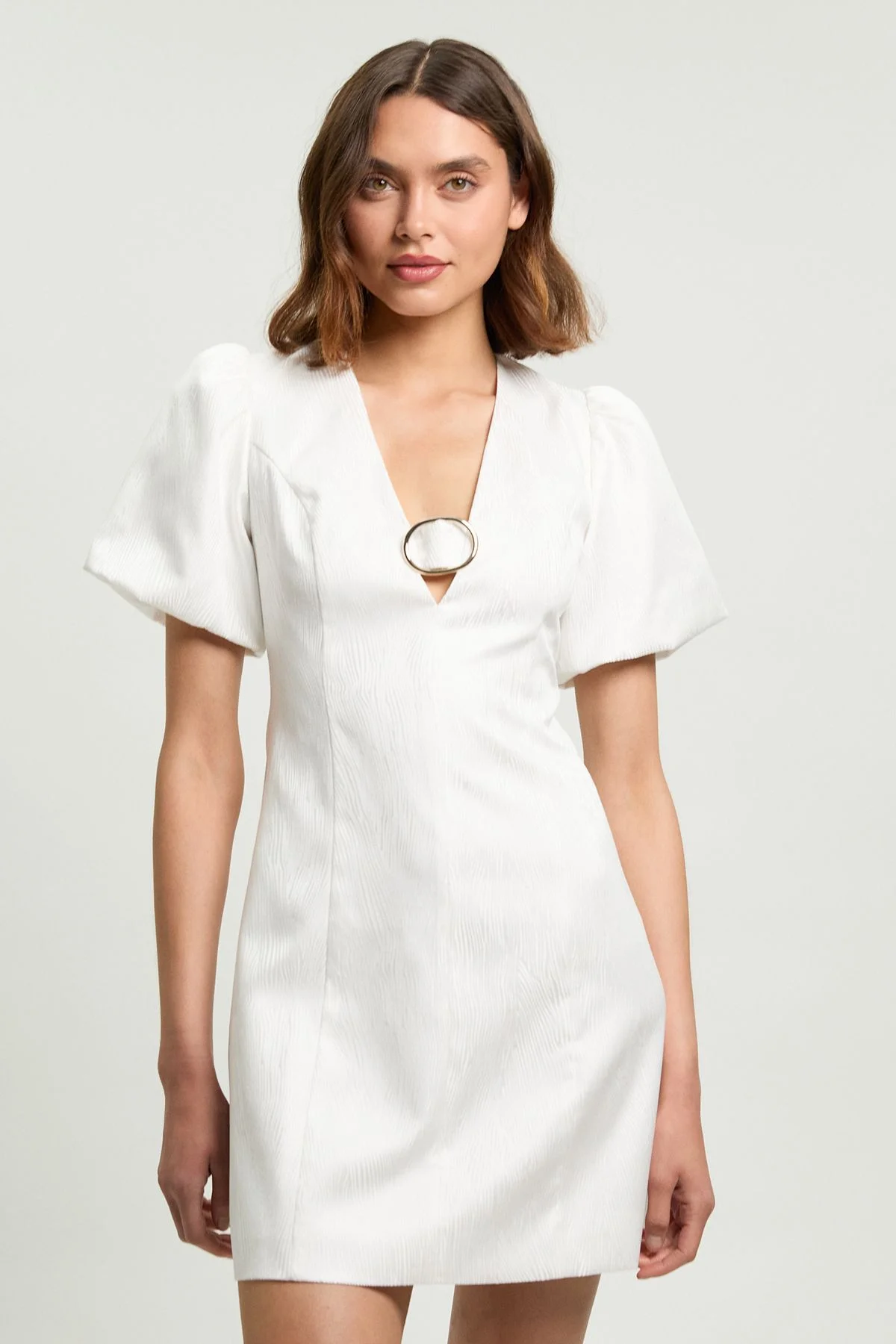 Tailored Puff Sleeve Trim V Neck Detail Mini Dress - 1