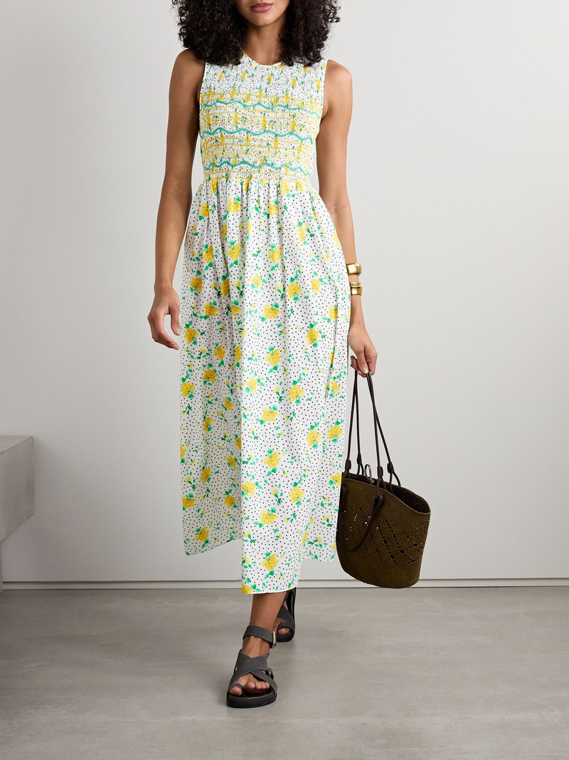 LORETTA CAPONI Gioia smocked printed cotton-voile midi dress White outlook