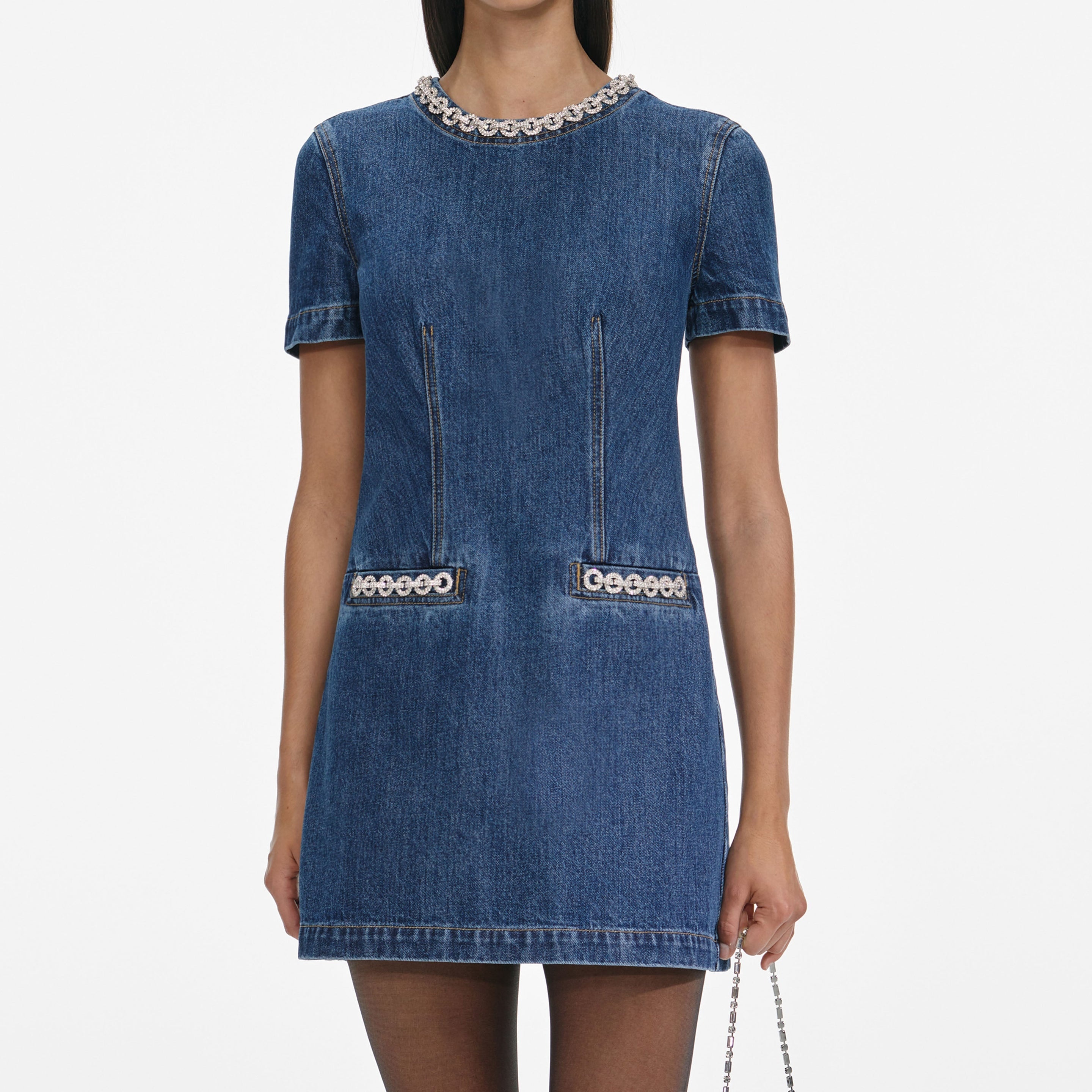 Denim Crystal Trim Mini Dress - 4