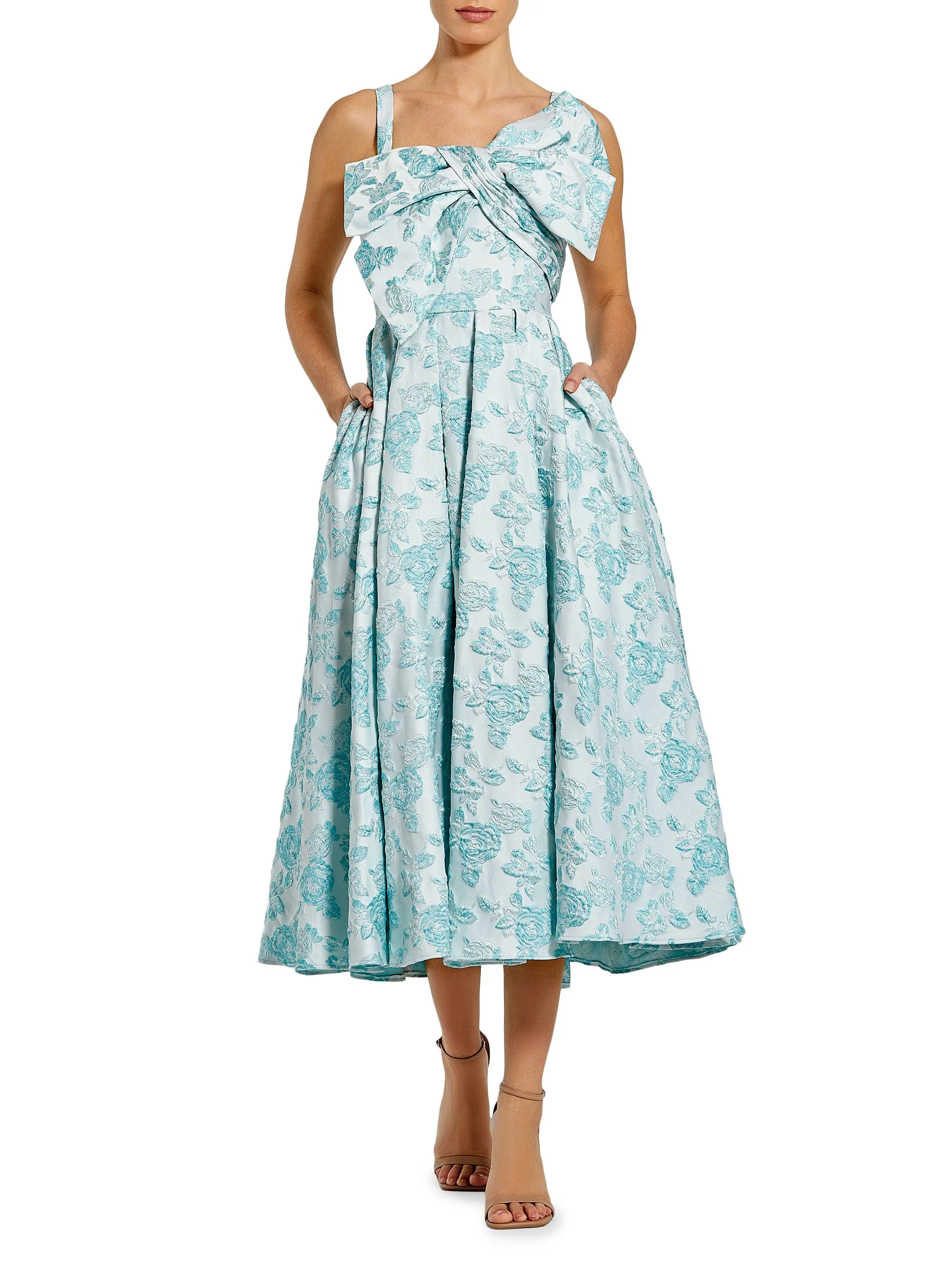 Women's Cocktail Bow Floral Brocade Fit & Flare Midi-Dress - Seafoam - 1