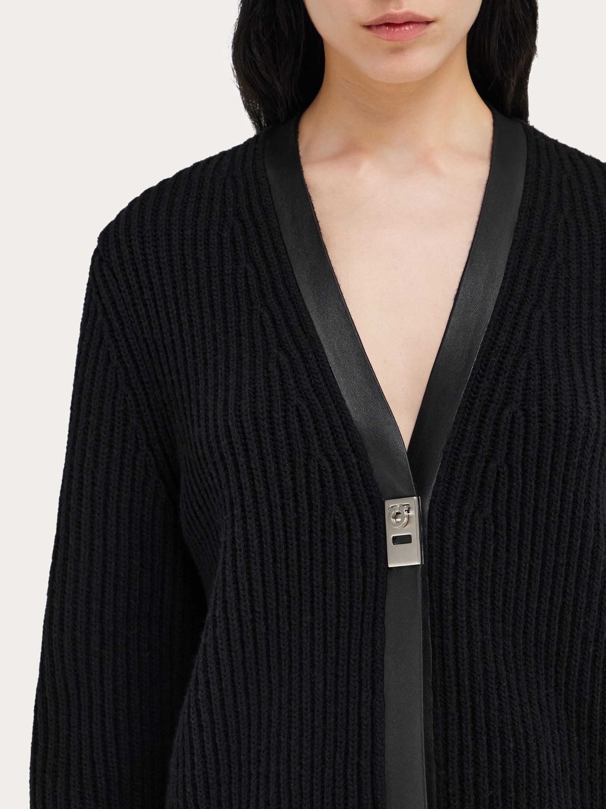 Longline cardigan with leather trim - 5