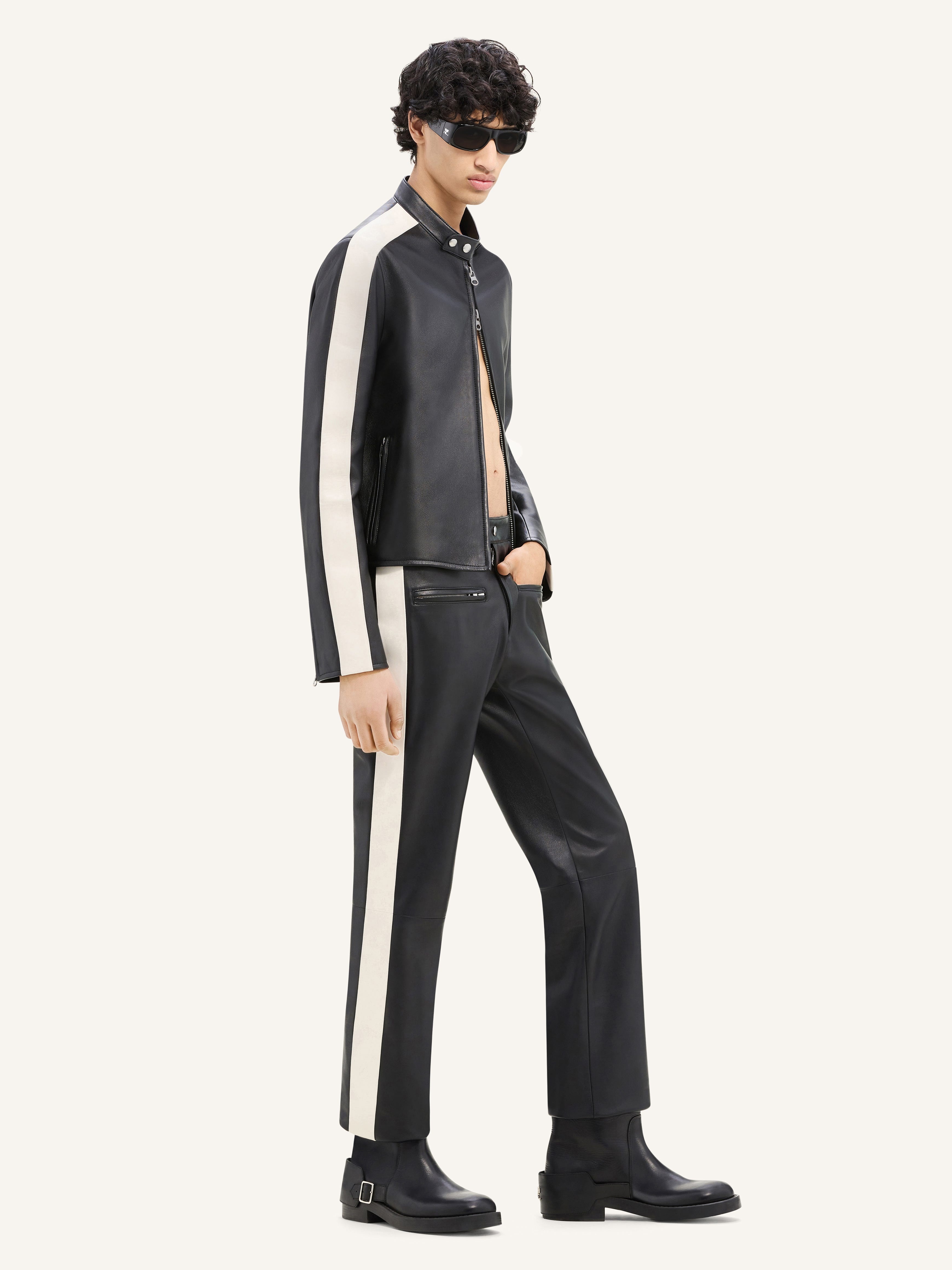 CONTRAST BAND BIKER LEATHER PANTS - 3