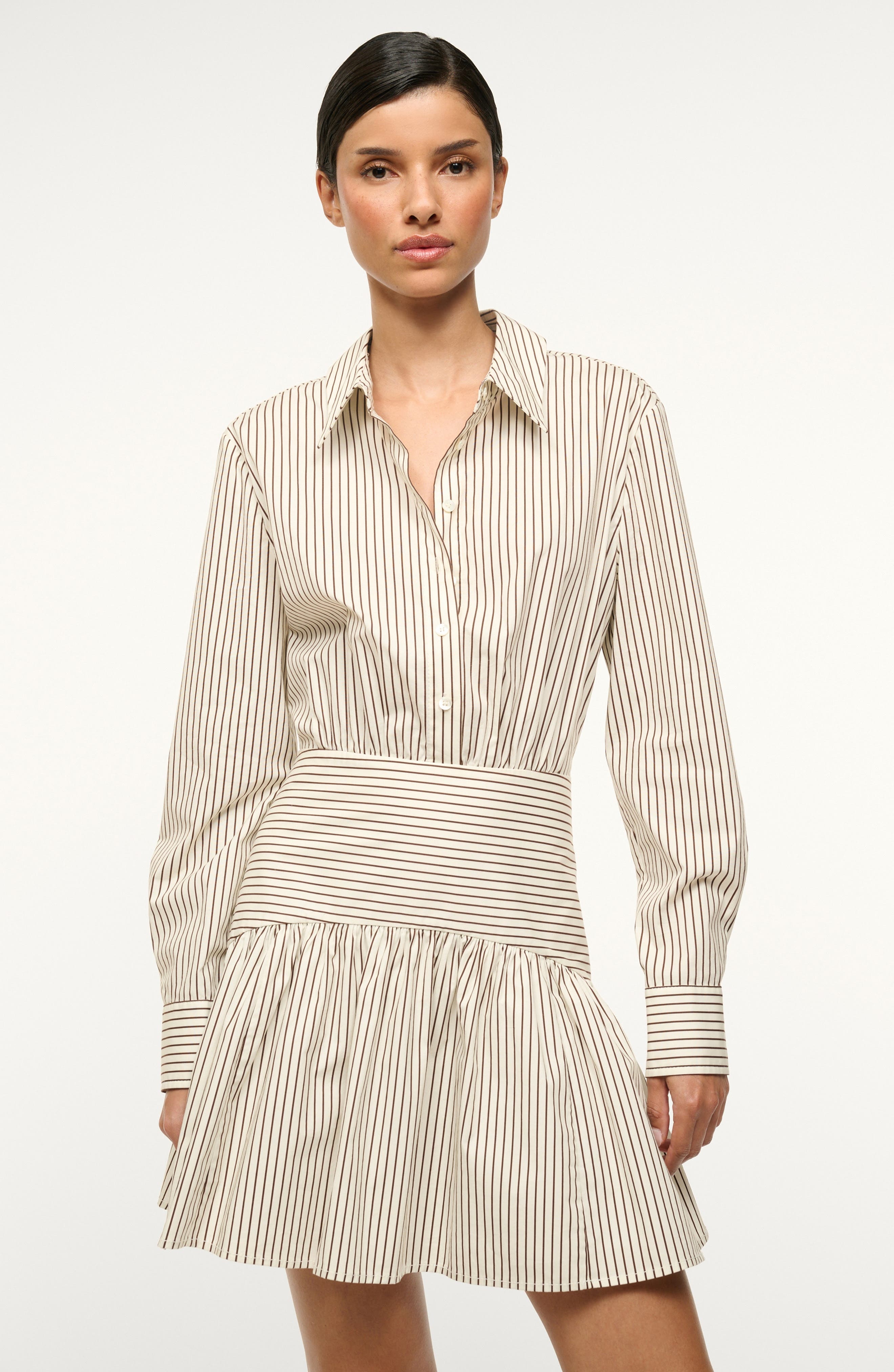 STAUD Rocco Stripe Long Sleeve Stretch Cotton Mini Shirtdress in Ivory/Dark Oak Micro Stripe at Nord - 3