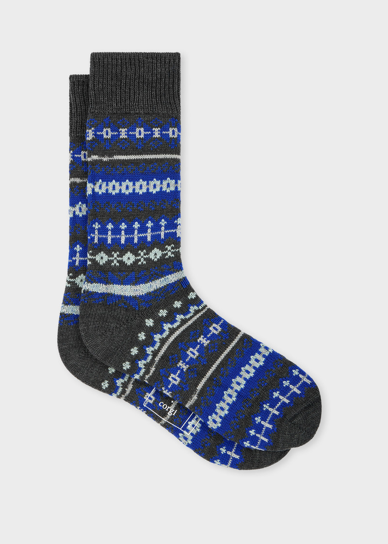 Paul Smith + Corgi - Grey and Blue Wool-Blend Fair Isle Socks 1