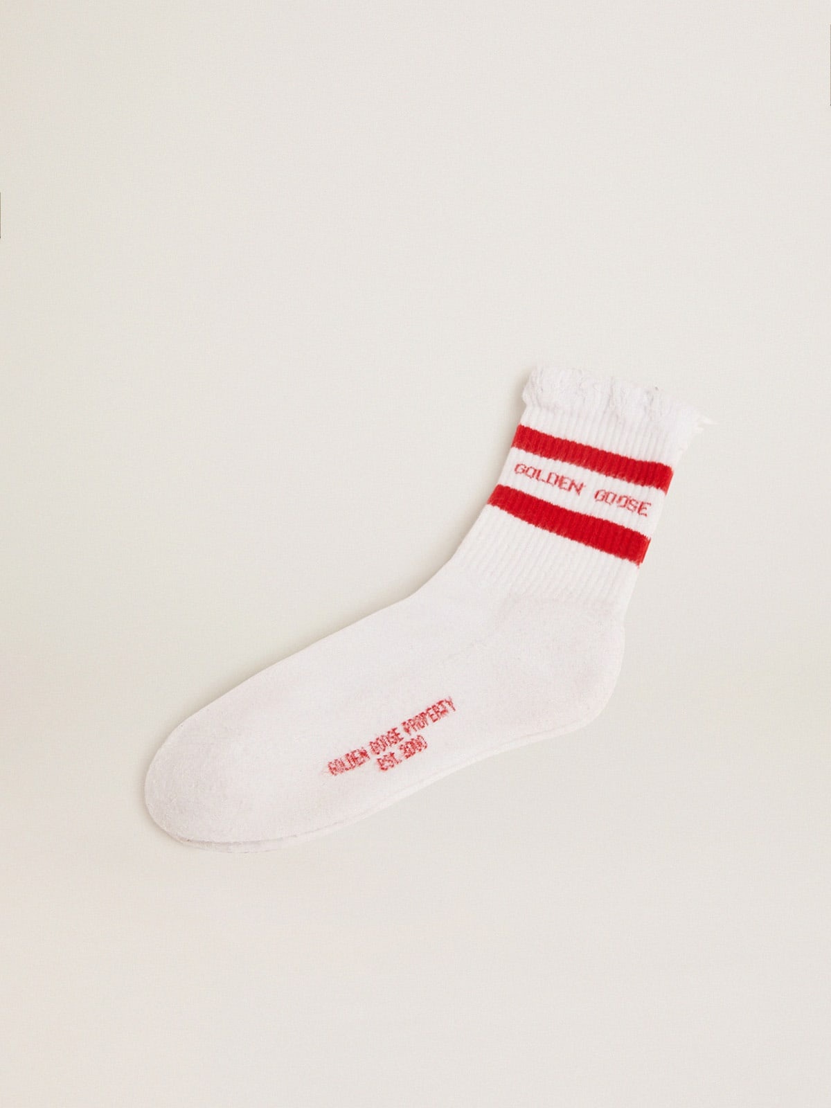 Cotton socks with distressed finishes, red stripes and logo - 1