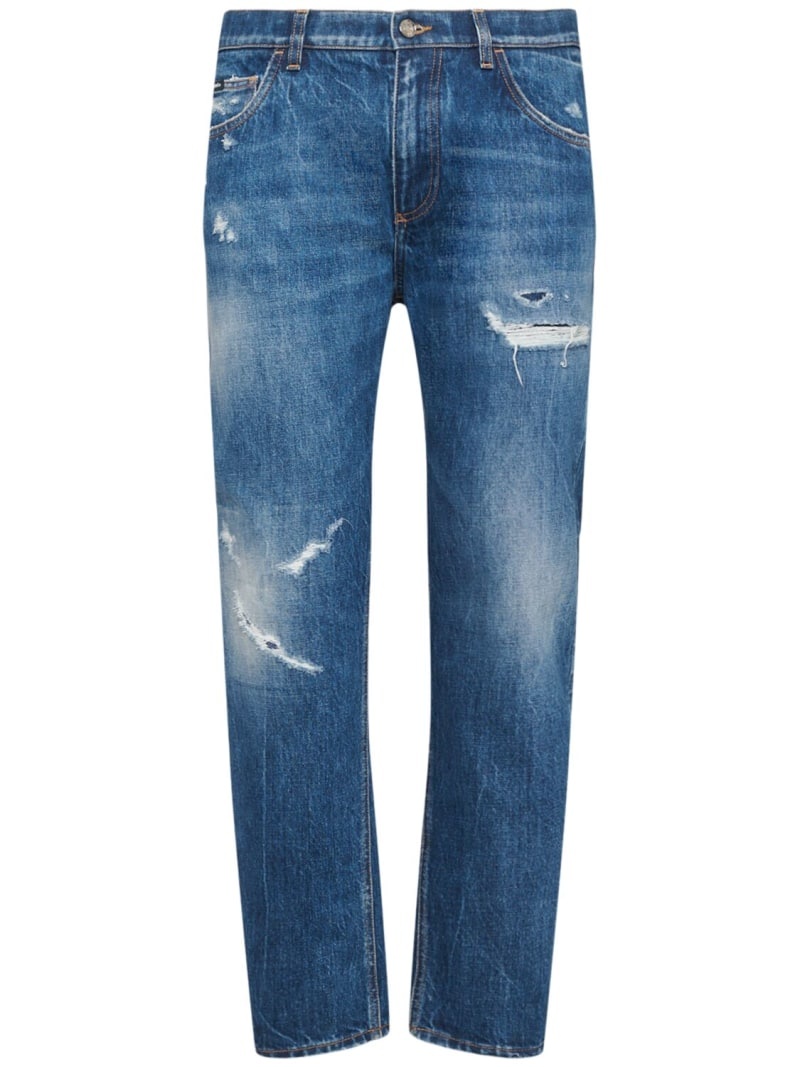 Distressed denim five pocket jeans - 1