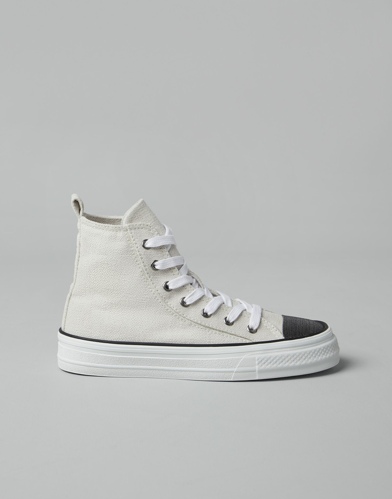 Cotton and linen canvas high top sneakers with precious toe 5