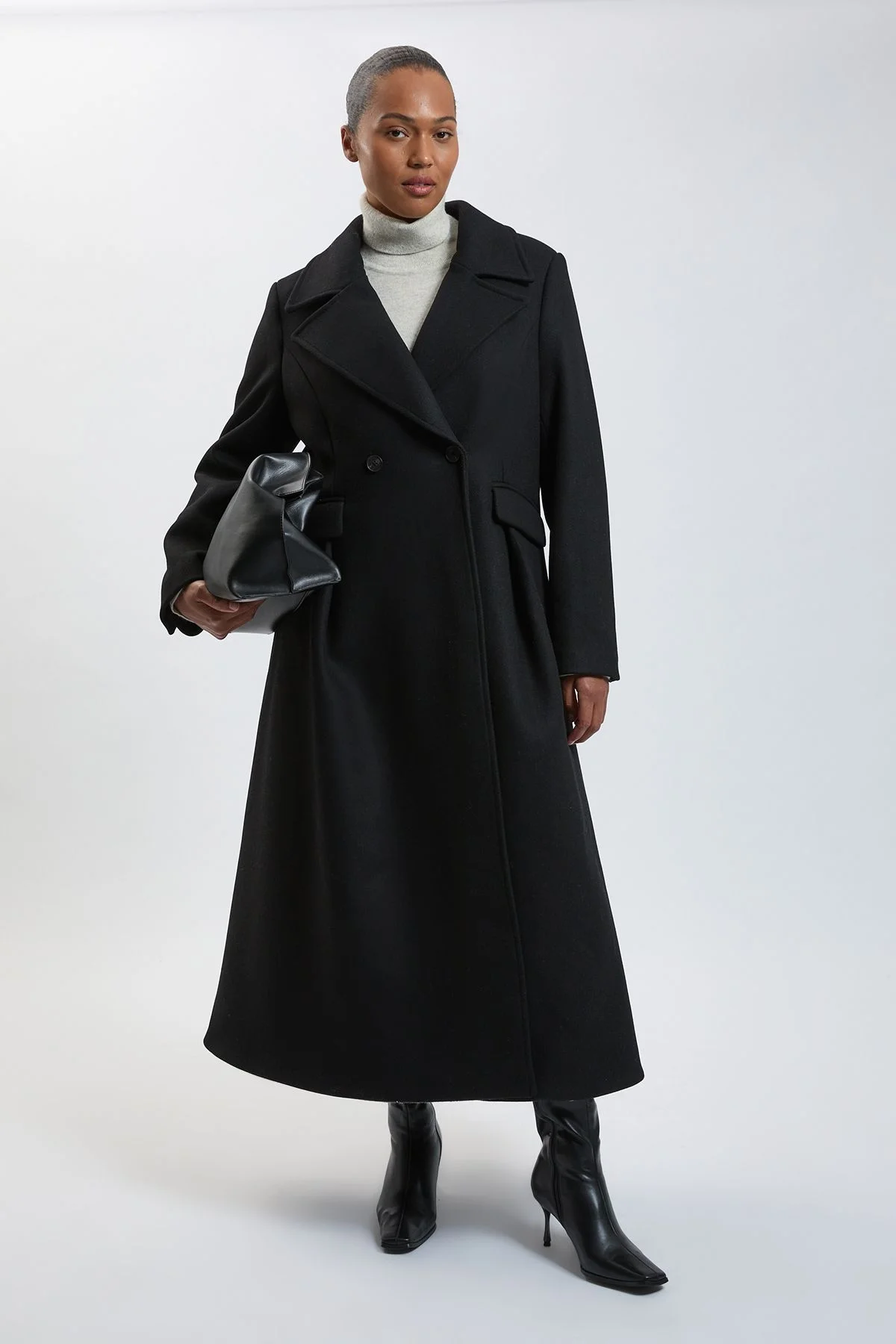 Plus Size Wool Tailored Flared Skirt Midi Coat - 1