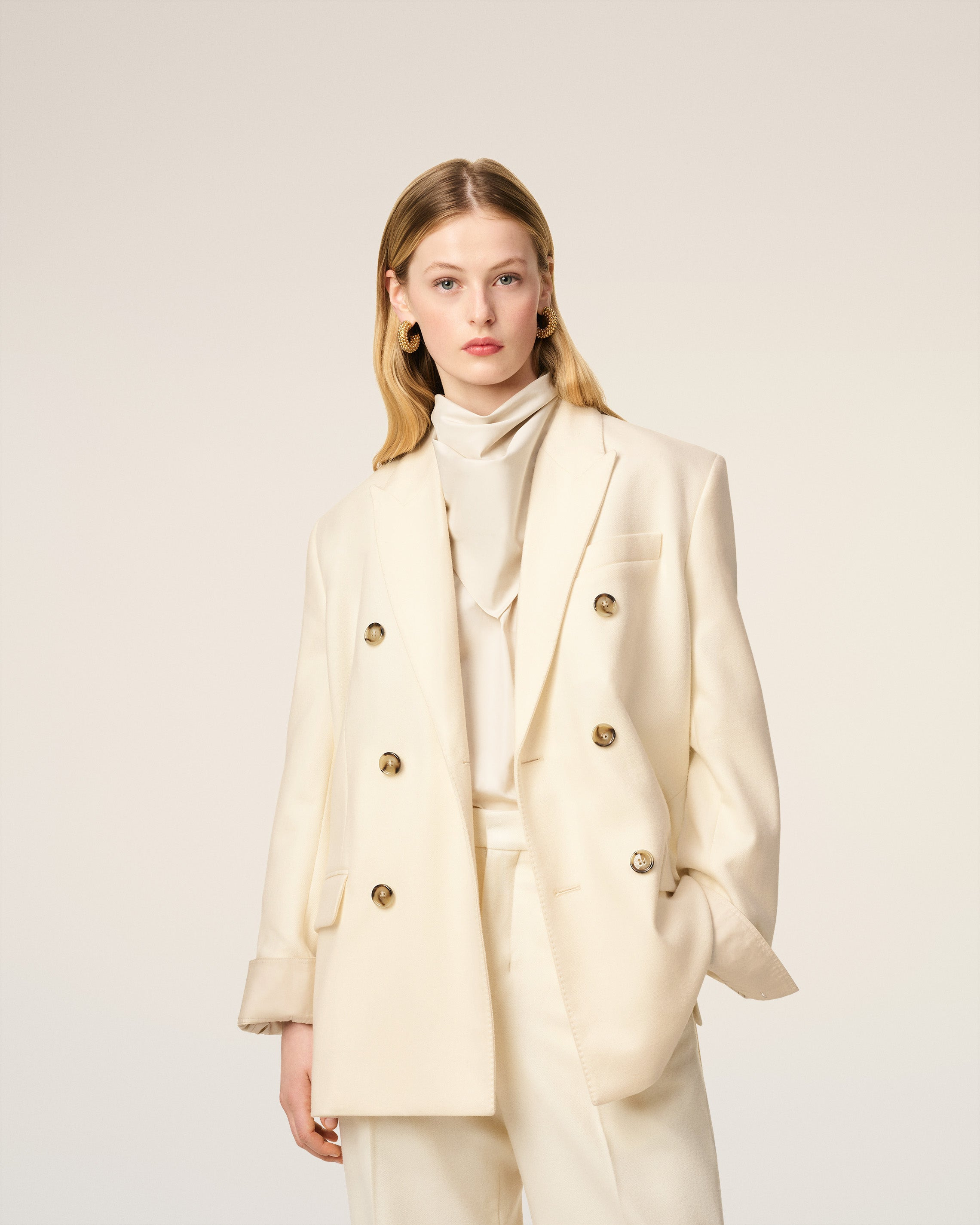 WHITE WOOL LOOSE DOUBLE BREASTED JACKET - 3
