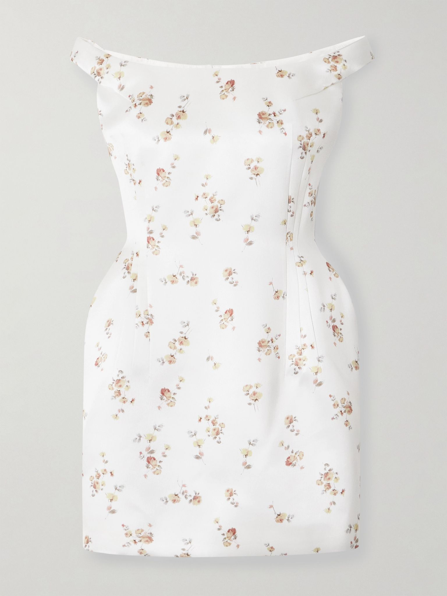 Off-the-shoulder floral-print silk mini dress Cream - 1