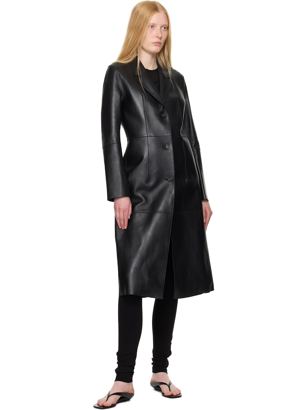 Black Slim Leather Coat - 4