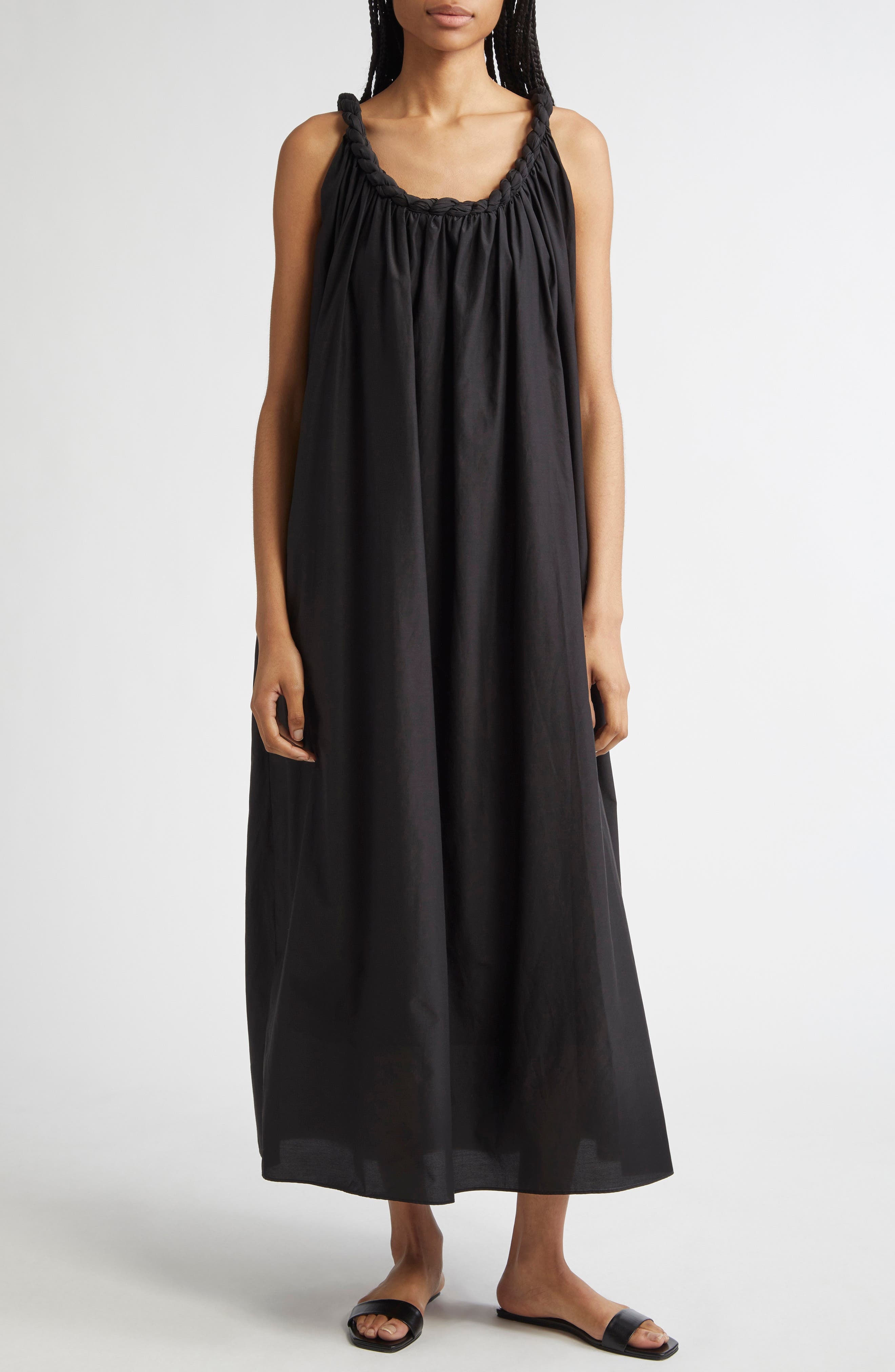 LOULOU DE SAISON Kika Gathered Cotton & Silk Voile Maxi Dress in Black at Nordstrom - 1