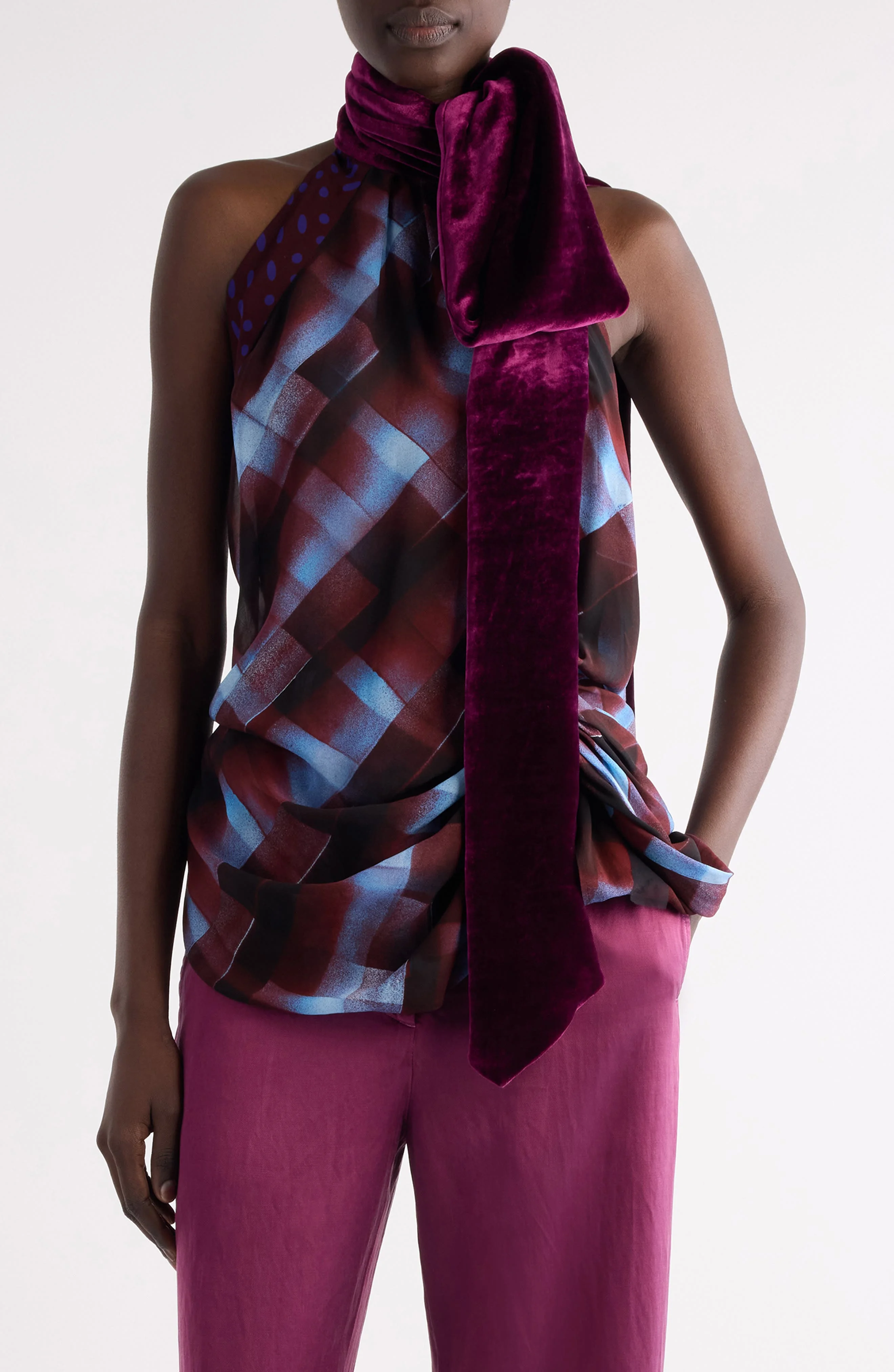 Dries Van Noten Cevira Spray Check Tie Neck Halter Top in Burgundy at Nordstrom - 1