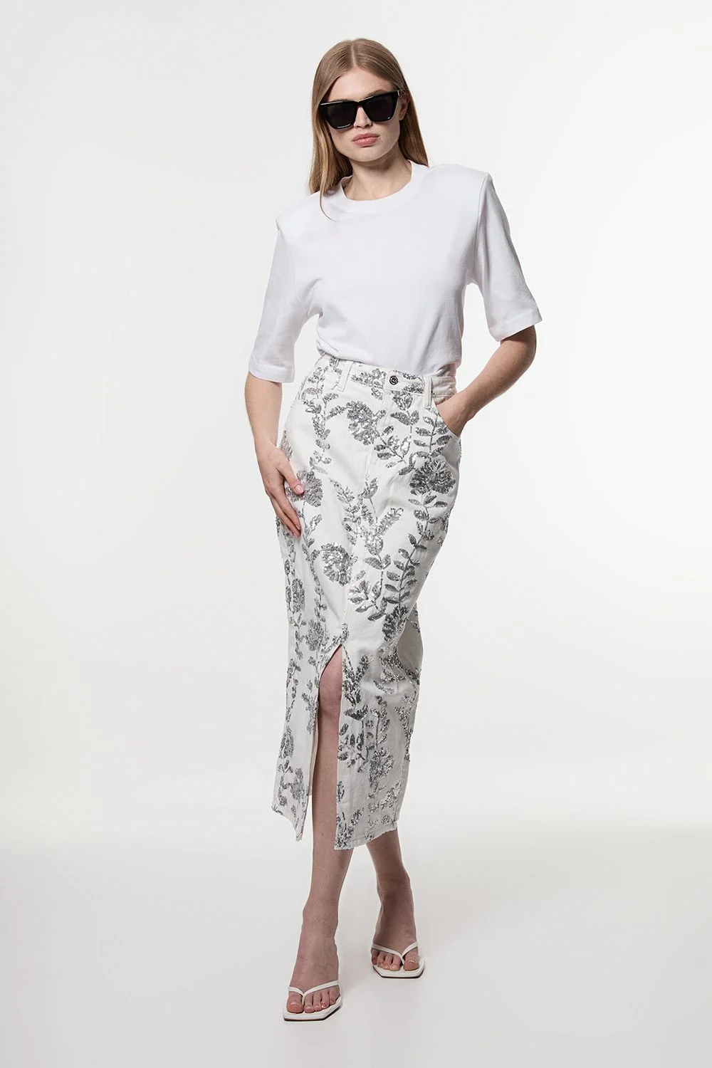 Denim All Over Floral Sequin Skirt - 1