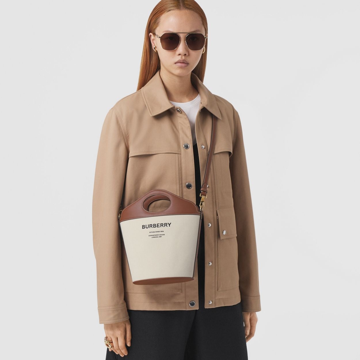Small Two-tone Canvas and Leather Pocket Bucket Bag - 3