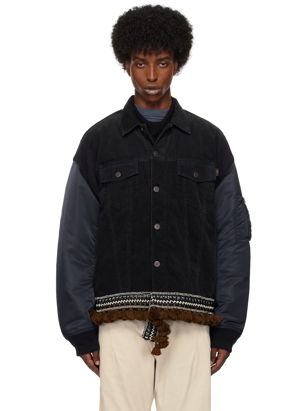 Navy Contrast Hem Bomber Jacket - 1
