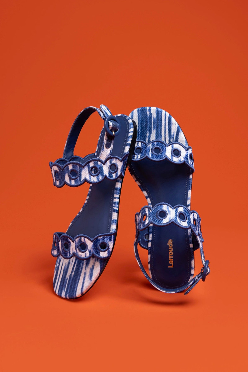 Larroudé Florence Broderie Flat Sandal In Tie Dye Blue Raffia outlook