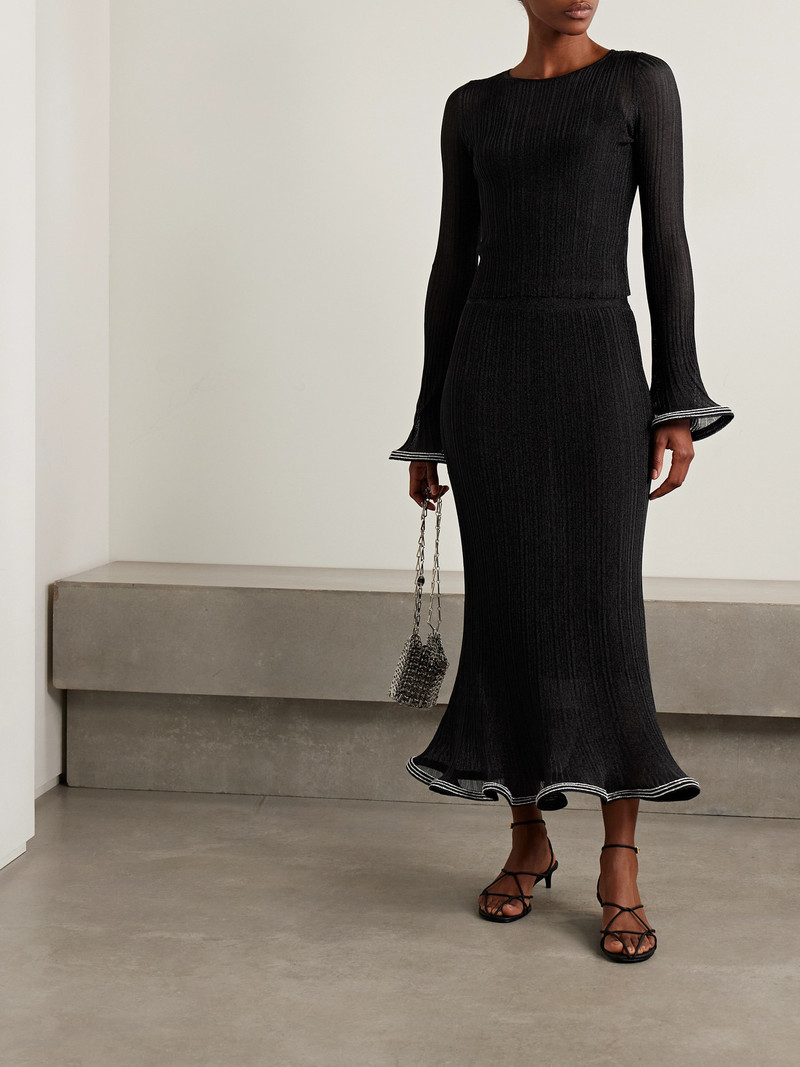 SIMKHAI Brighton Crystal-embellished Metallic Ribbed-knit Maxi Skirt outlook