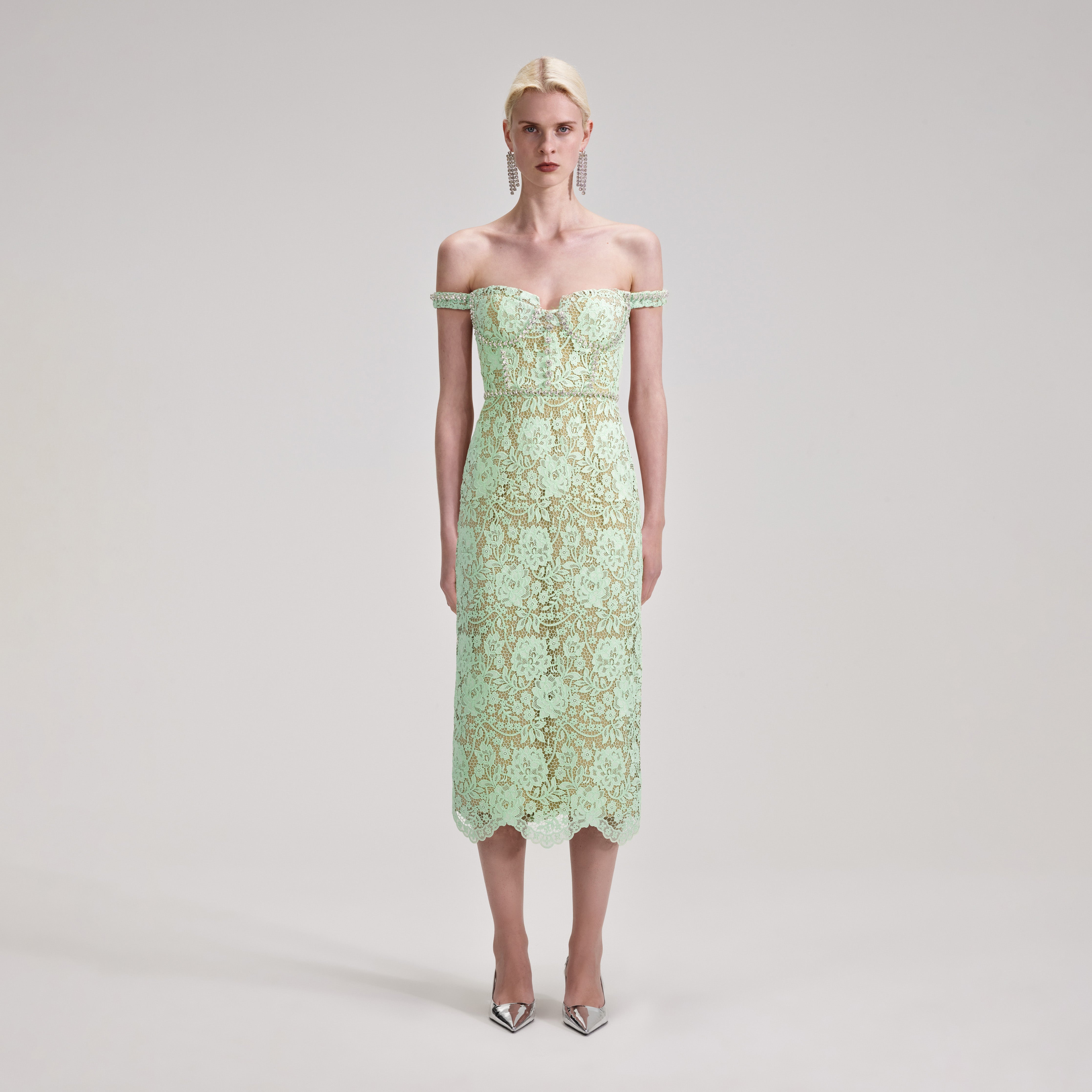 Green Cord Lace Diamante Midi Dress - 1