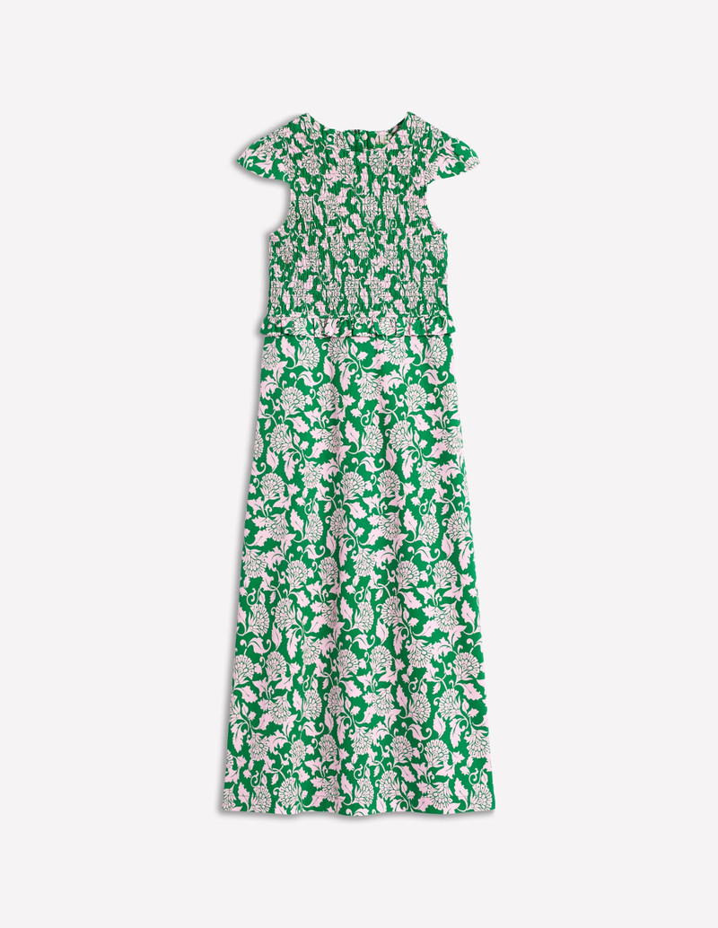Carolina Smocked Midi Dress-Rich Emerald, Ornate Vine 1